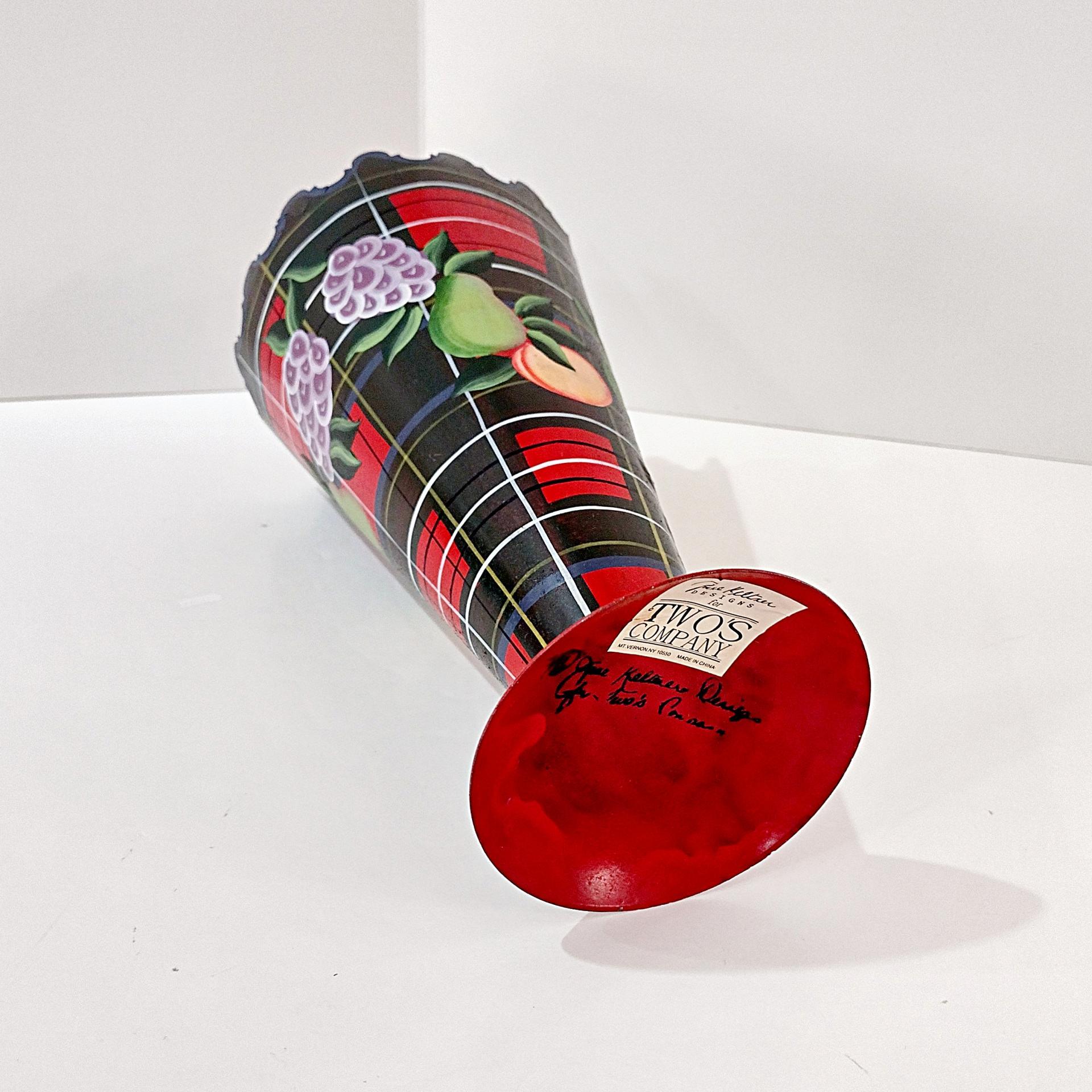 Vintage Jane Keltner Toleware Painted Metal Vase with Fruit and Plaid Design, Signed Keltner Two's Company Tole Cone Vase