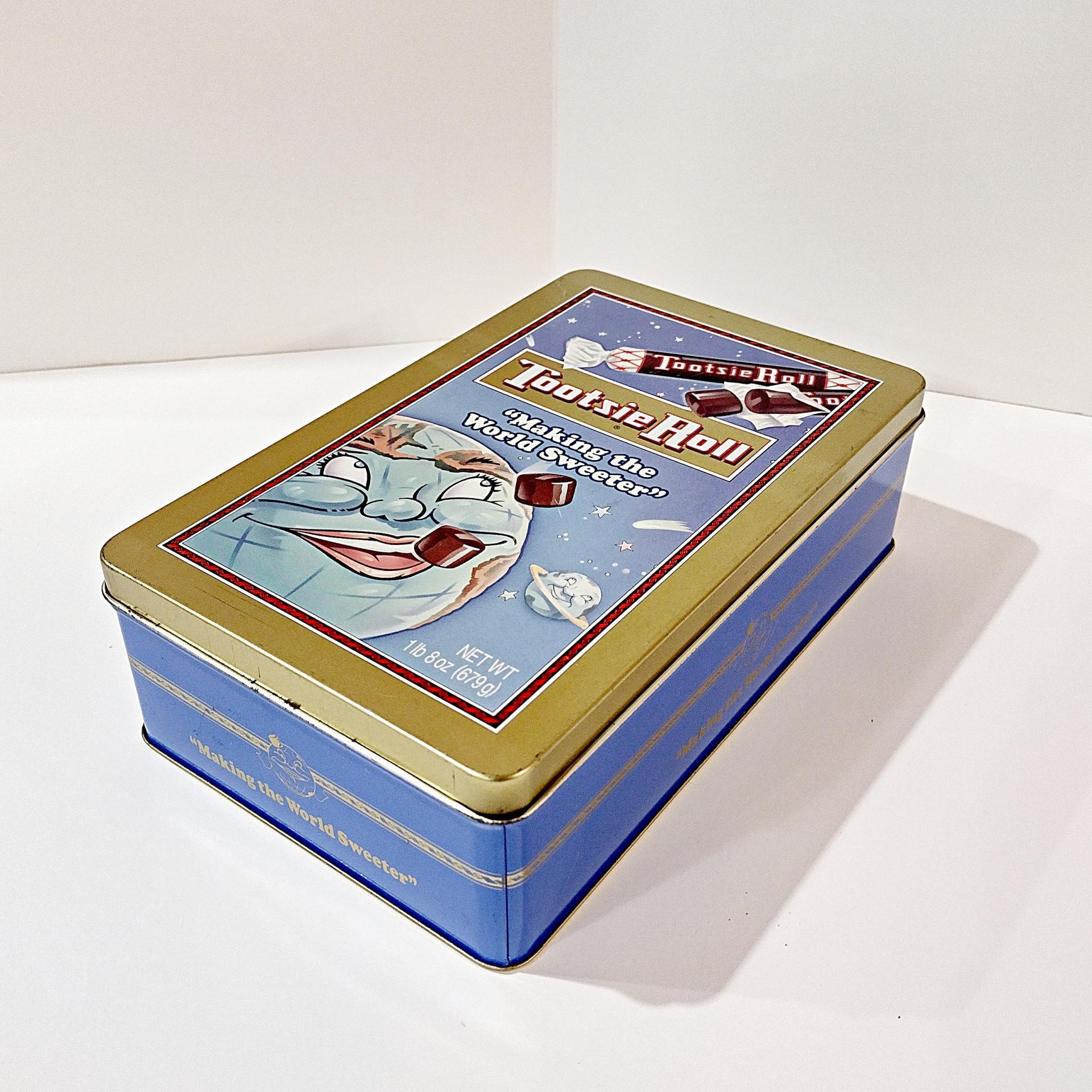 Vintage Tootsie Roll Blue Moonface Making the World Sweeter Tin Box, Retro Rectangular Metal Storage Container