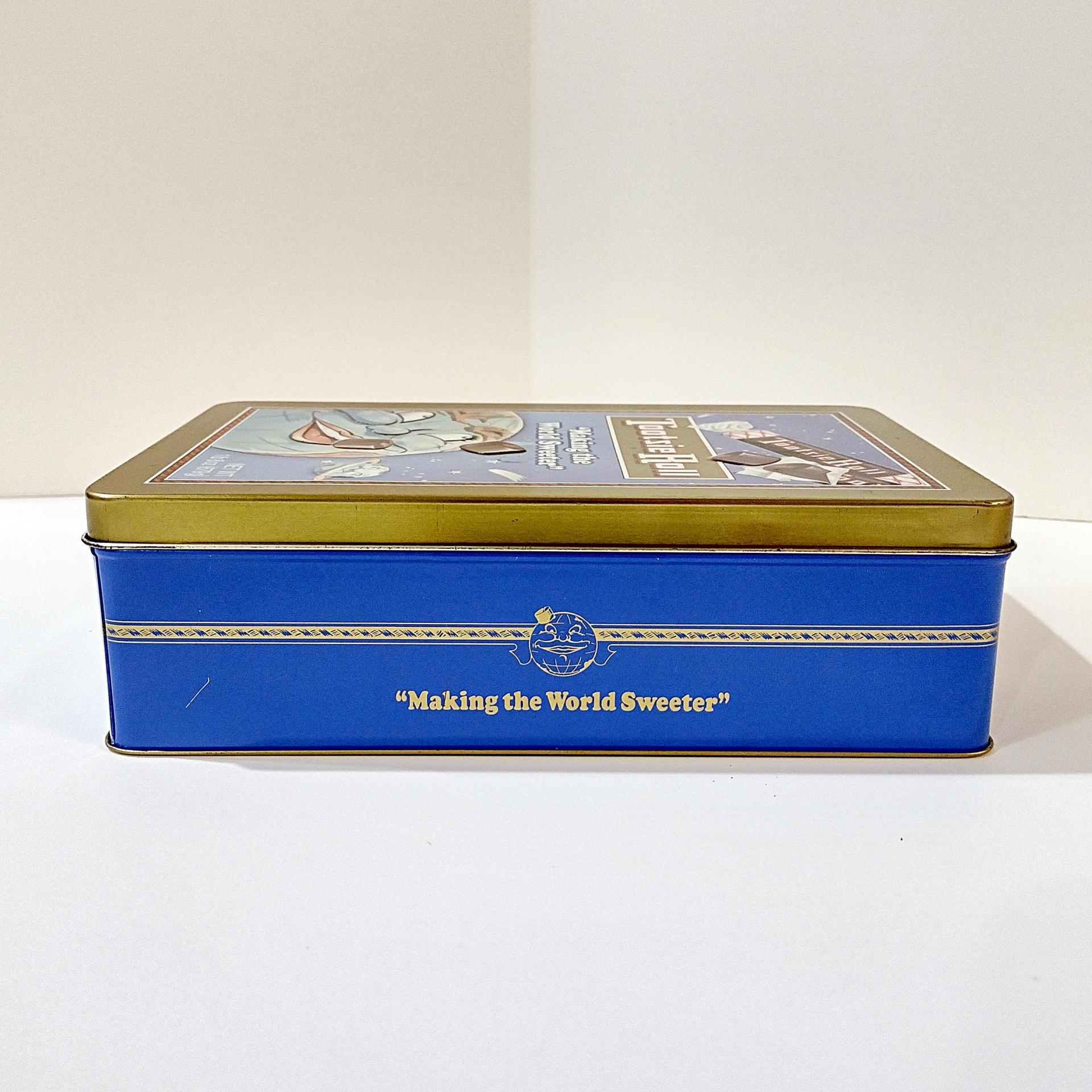 Vintage Tootsie Roll Blue Moonface Making the World Sweeter Tin Box, Retro Rectangular Metal Storage Container