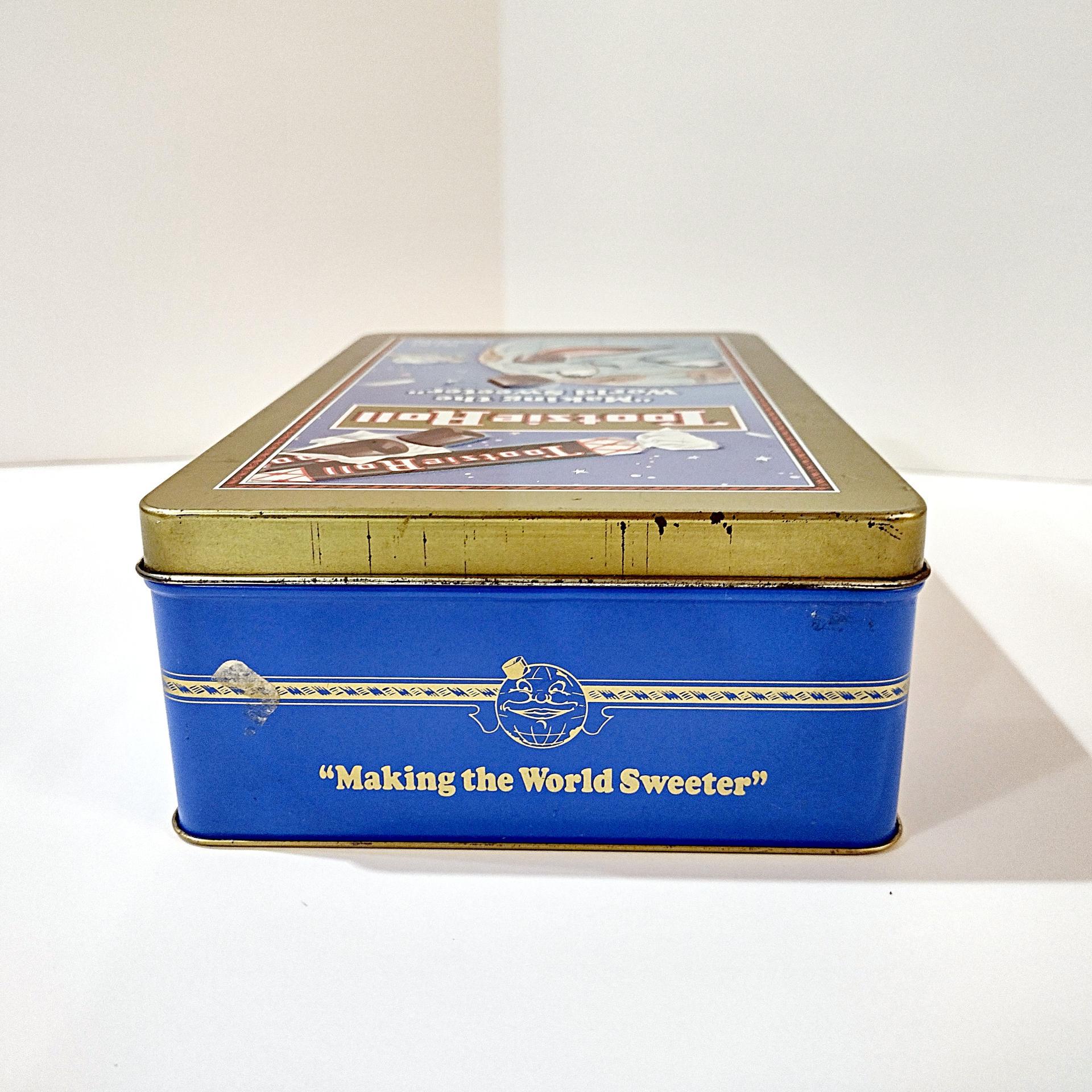 Vintage Tootsie Roll Blue Moonface Making the World Sweeter Tin Box, Retro Rectangular Metal Storage Container