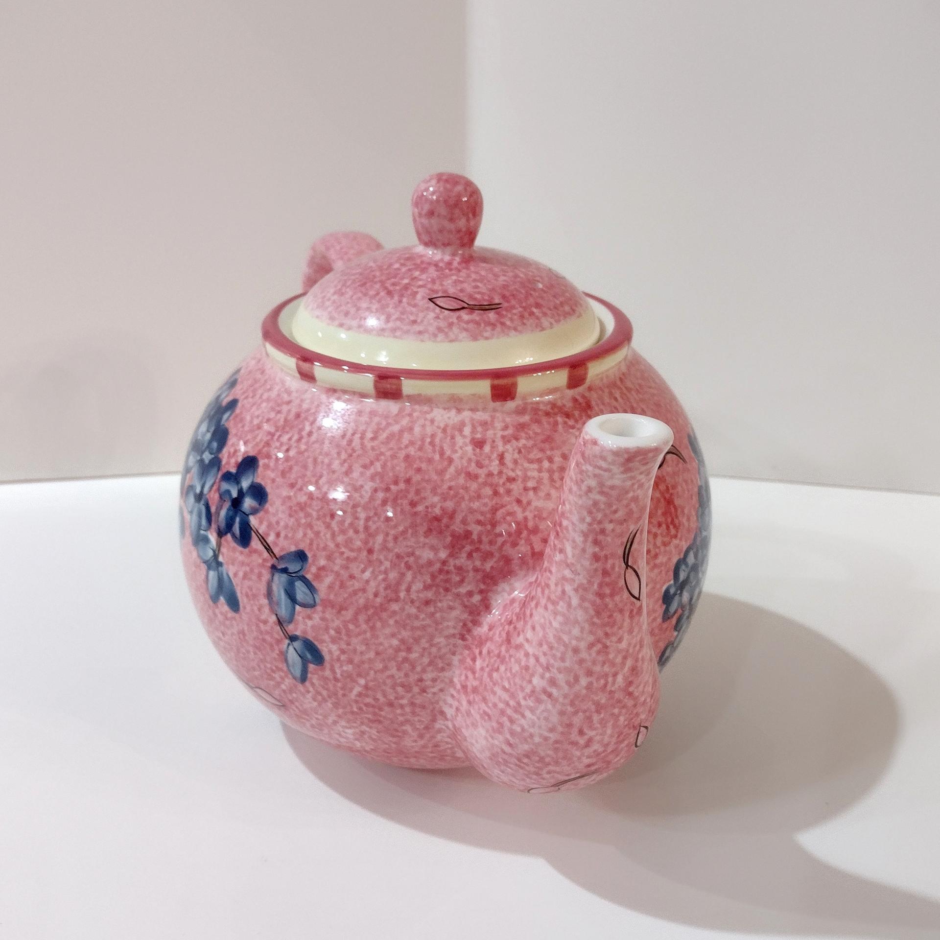 Vintage Laurie Gates Hydrangea Ceramic Pink Spongeware Tea Pot