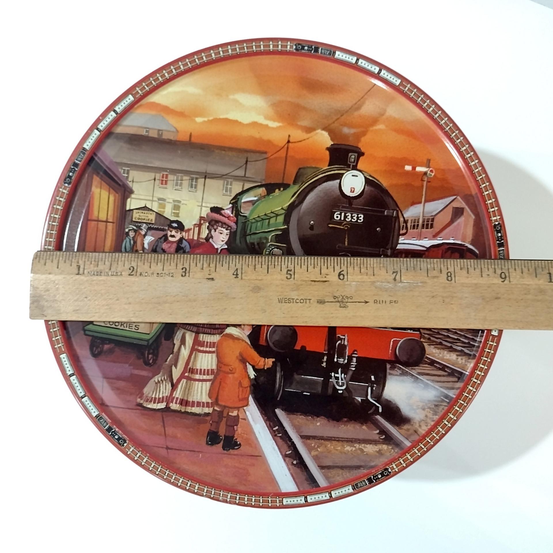 Vintage Jacobsen's of Denmark Butter Cookie Train Station Tin, Large Round Train Themed Metal Storage Tin.
