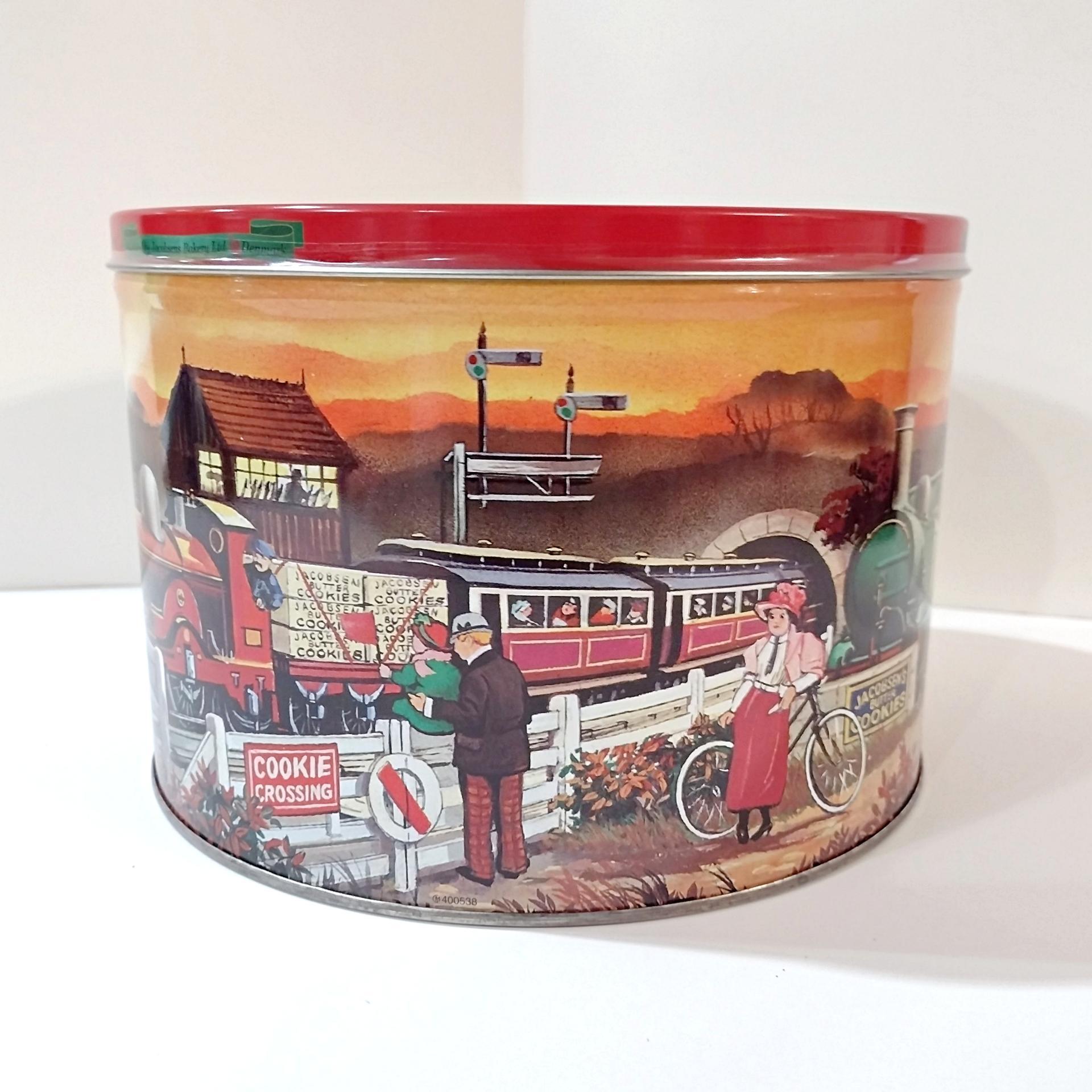 Vintage Jacobsen's of Denmark Butter Cookie Train Station Tin, Large Round Train Themed Metal Storage Tin.