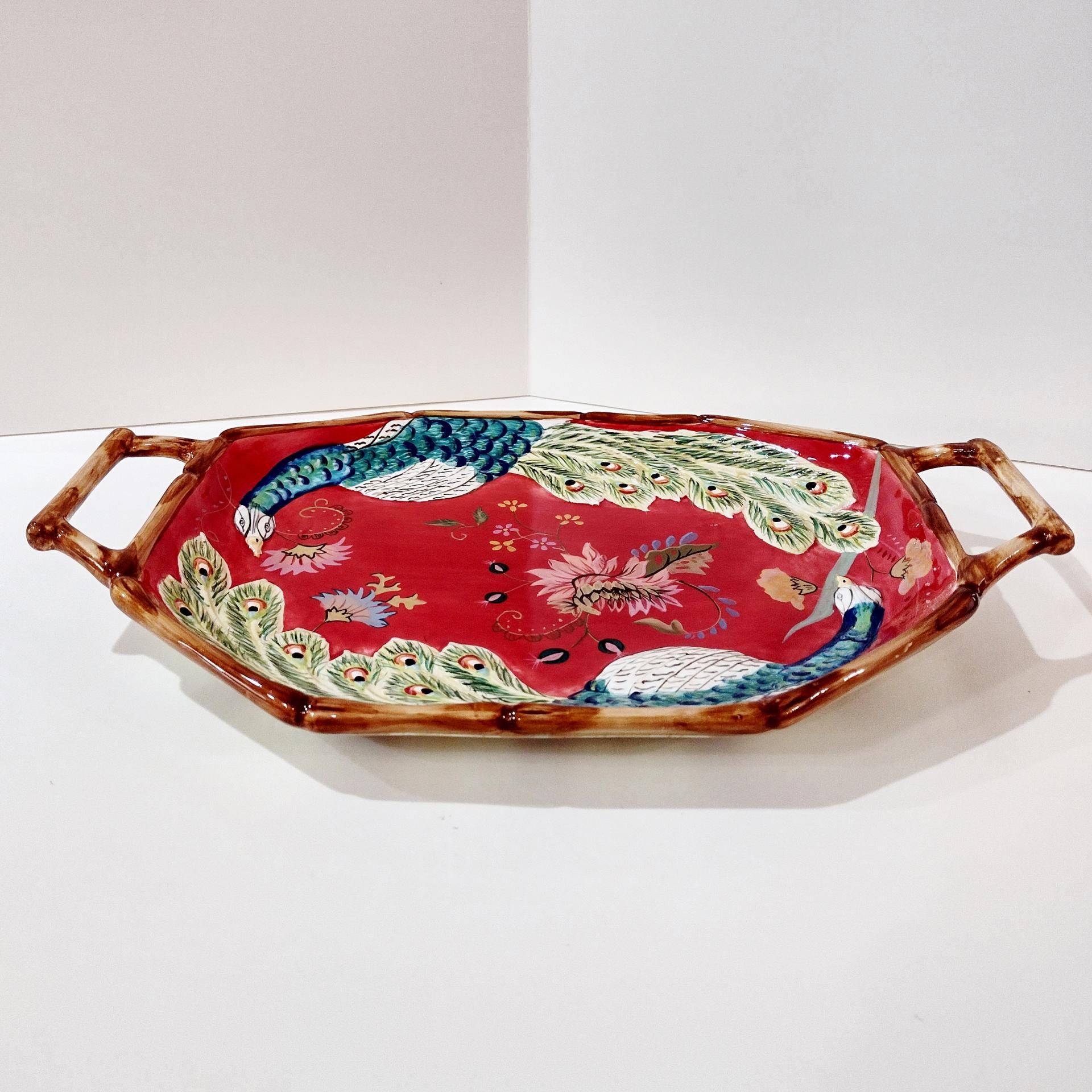 Vintage Hand Painted Tracy Porter The Artesian Road Ceramic Serving Tray Platter, Peacock Floral Design