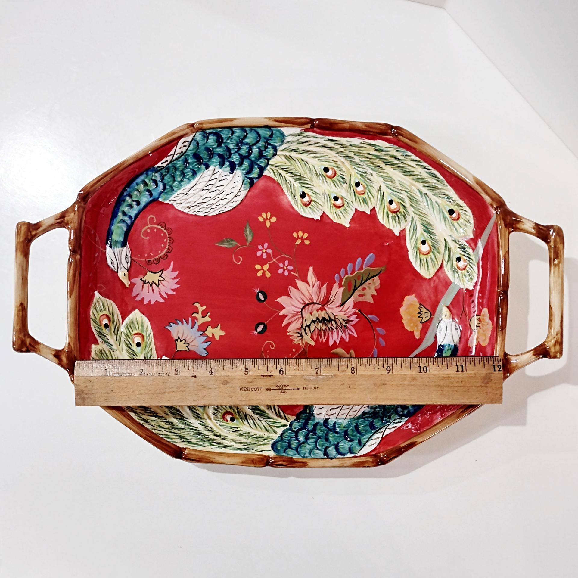 Vintage Hand Painted Tracy Porter The Artesian Road Ceramic Serving Tray Platter, Peacock Floral Design