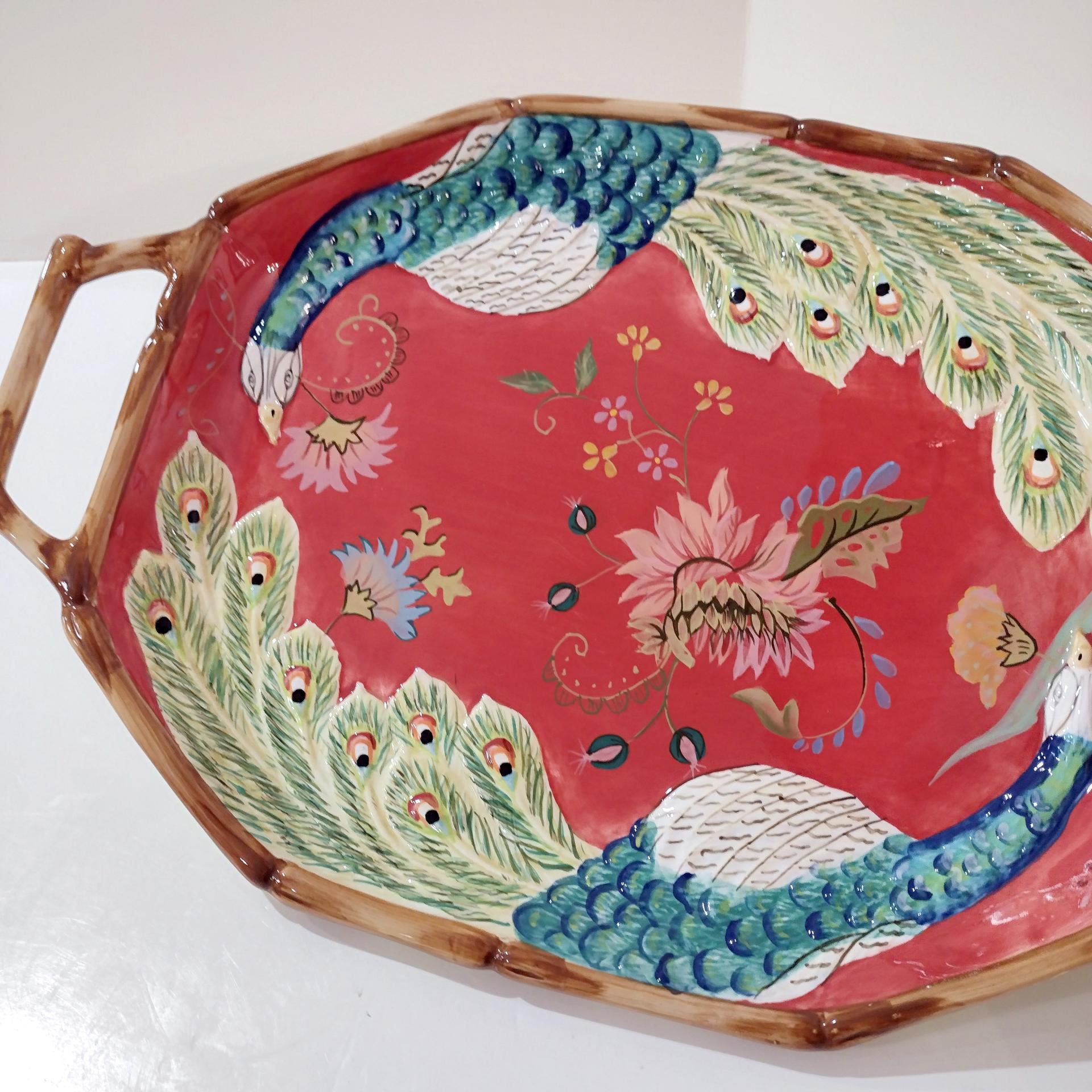 Vintage Hand Painted Tracy Porter The Artesian Road Ceramic Serving Tray Platter, Peacock Floral Design