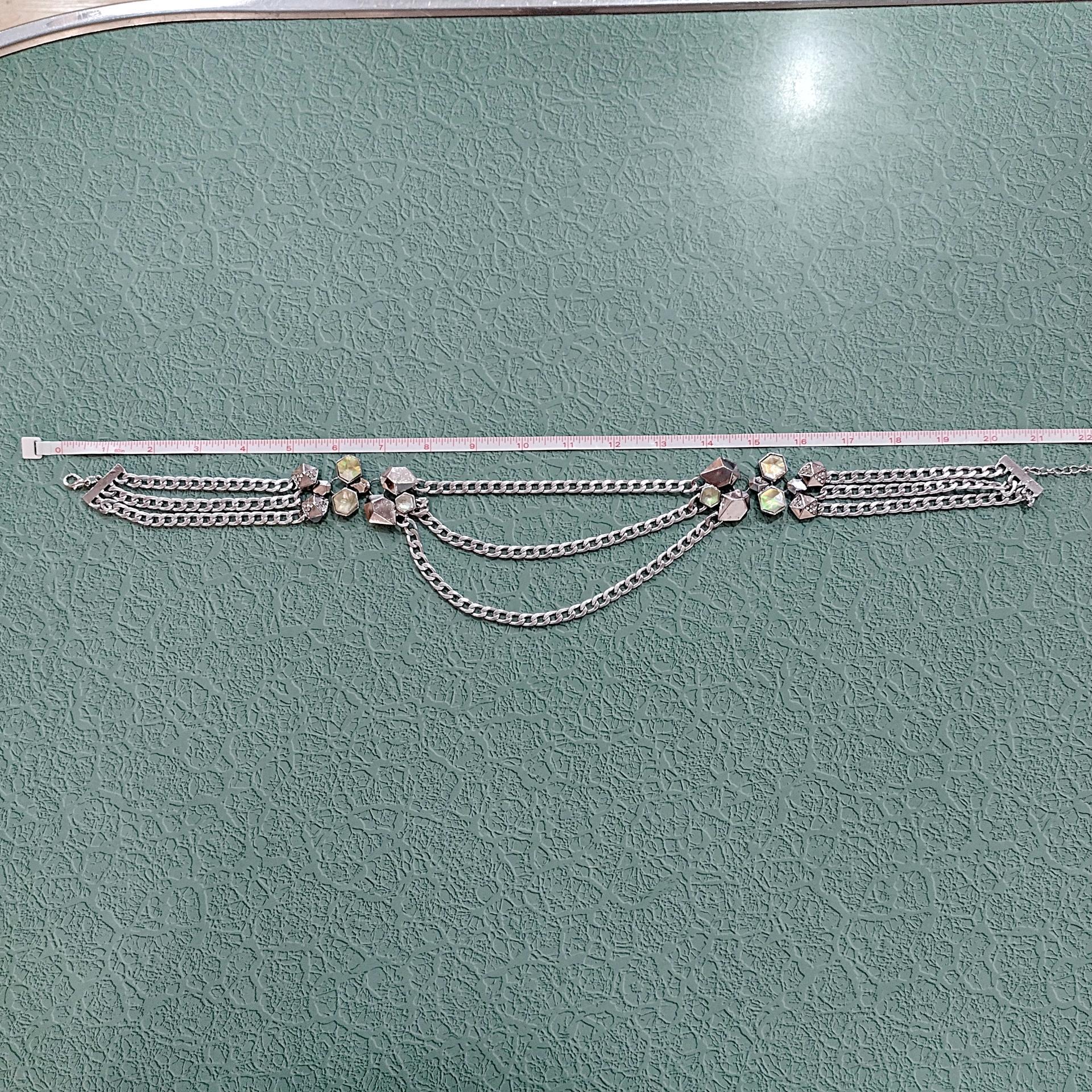 Vintage Silver Toned Triple Chain Statement Necklace with Rhinestones and Dichroic Cabochons, Adjustable Length 21" to 23"