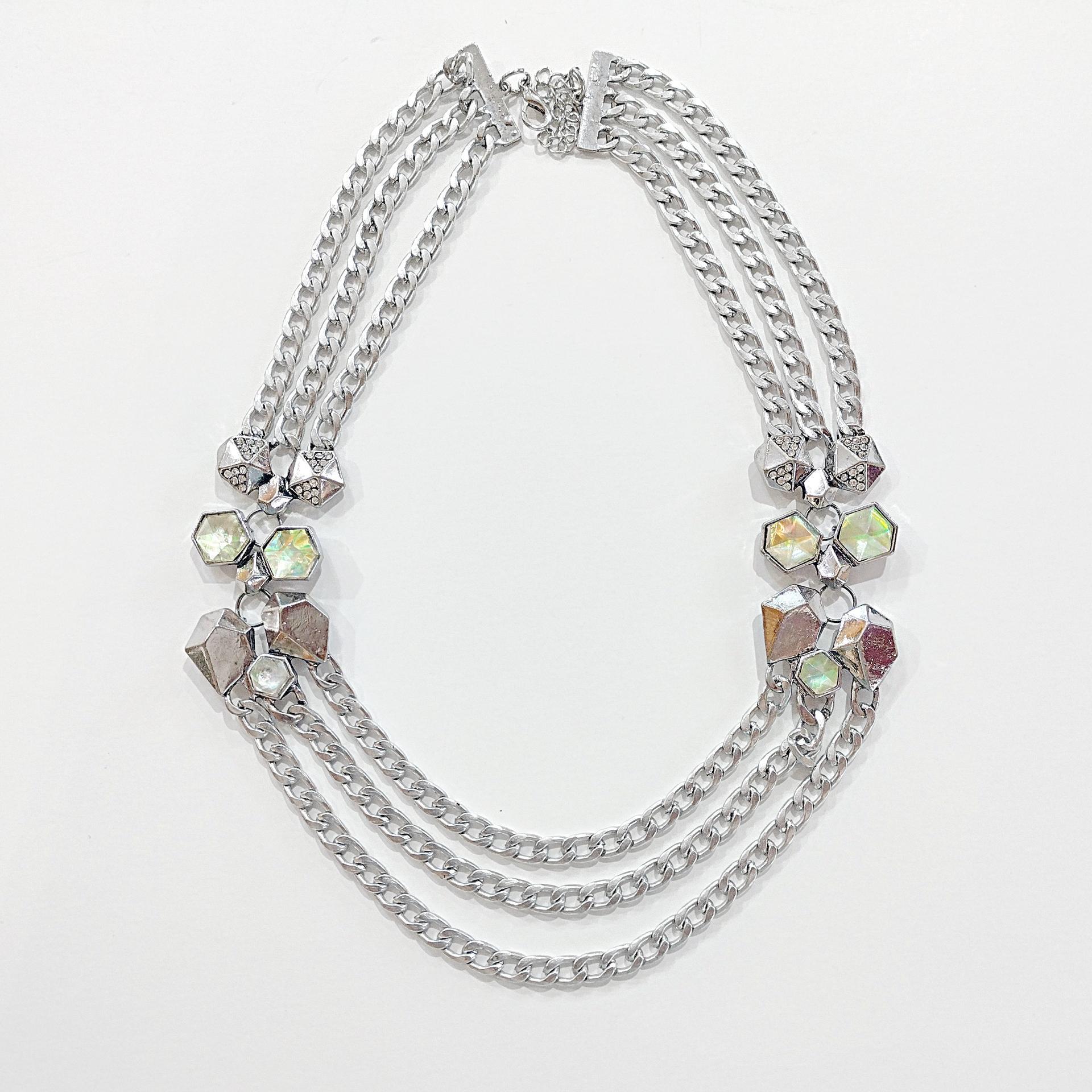 Vintage Silver Toned Triple Chain Statement Necklace with Rhinestones and Dichroic Cabochons, Adjustable Length 21" to 23"