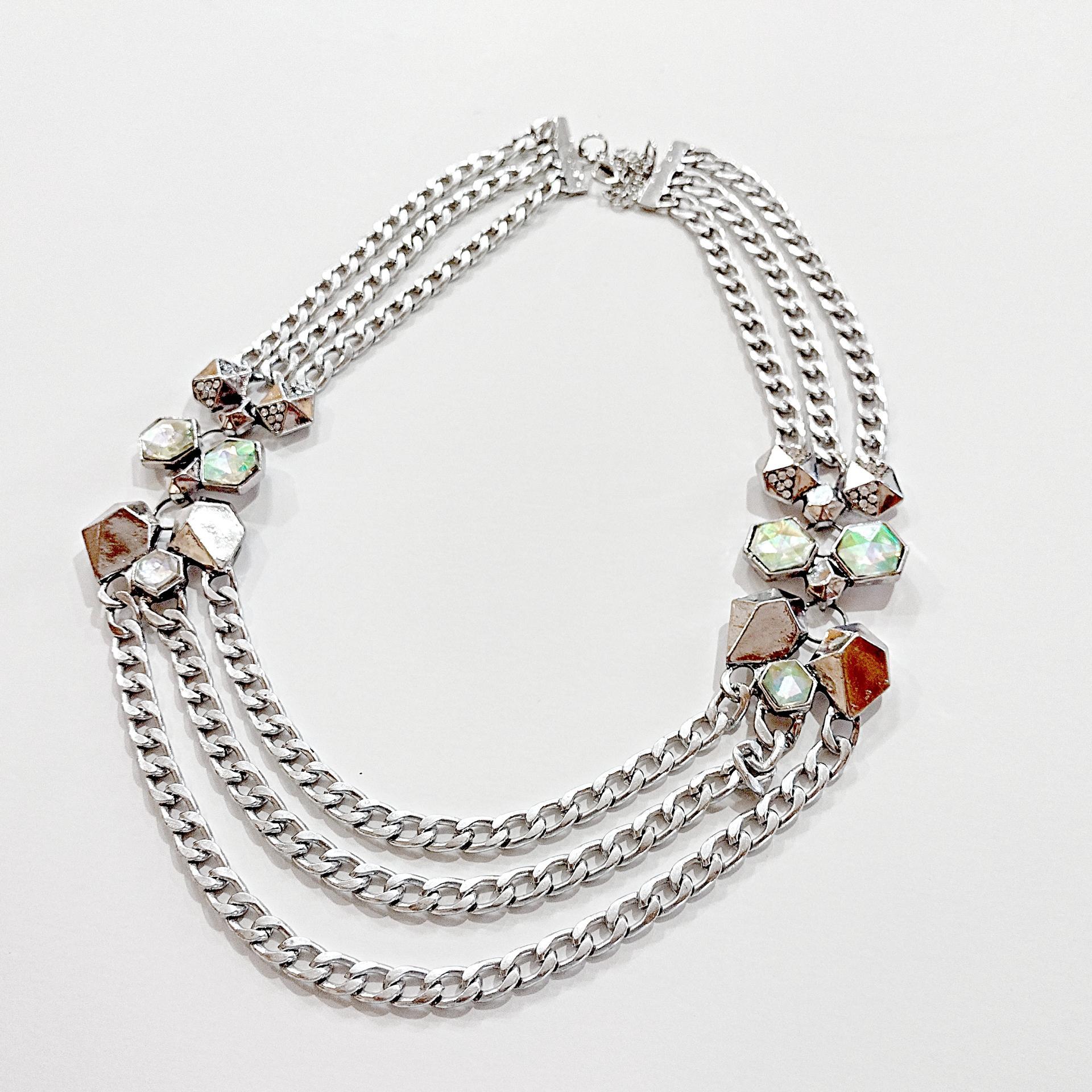 Vintage Silver Toned Triple Chain Statement Necklace with Rhinestones and Dichroic Cabochons, Adjustable Length 21" to 23"