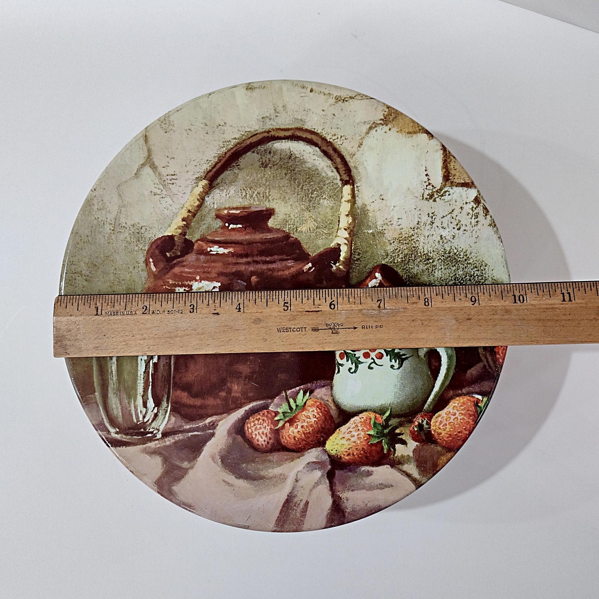 Vintage Robert Chailloux Regal Tea Large Round Cookie Tin, Tea Kettle and Strawberries 10 Inch Metal Tin Storage Container