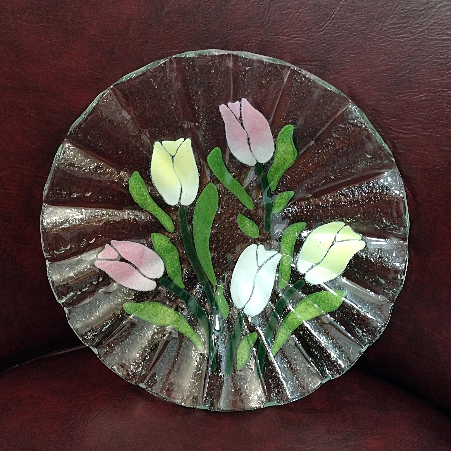 Vintage Sydenstricker Fused Glass Ruffled Floral Tulip Bowl, Pink Yellow White Tulips Bowl