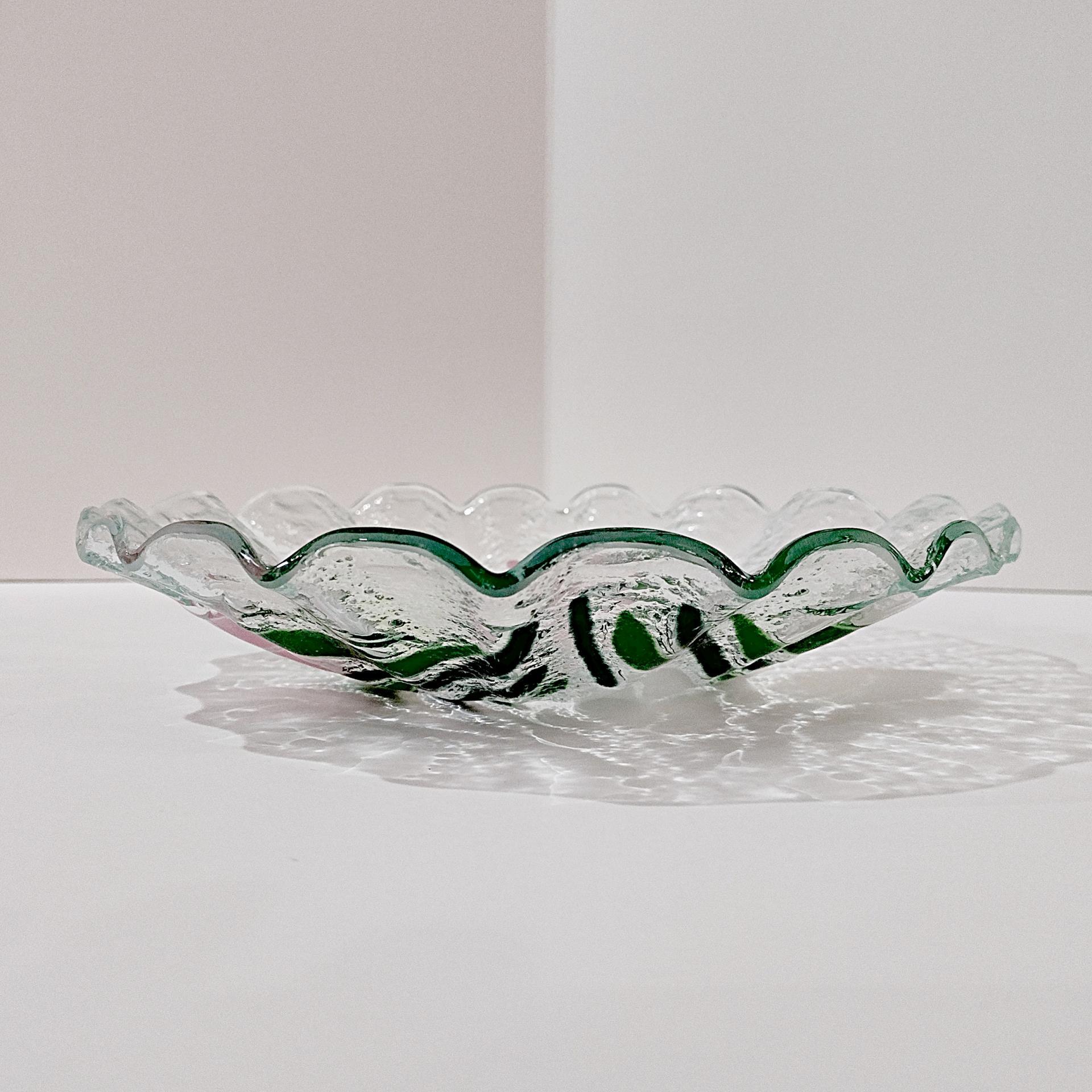 Vintage Sydenstricker Fused Glass Ruffled Floral Tulip Bowl, Pink Yellow White Tulips Bowl