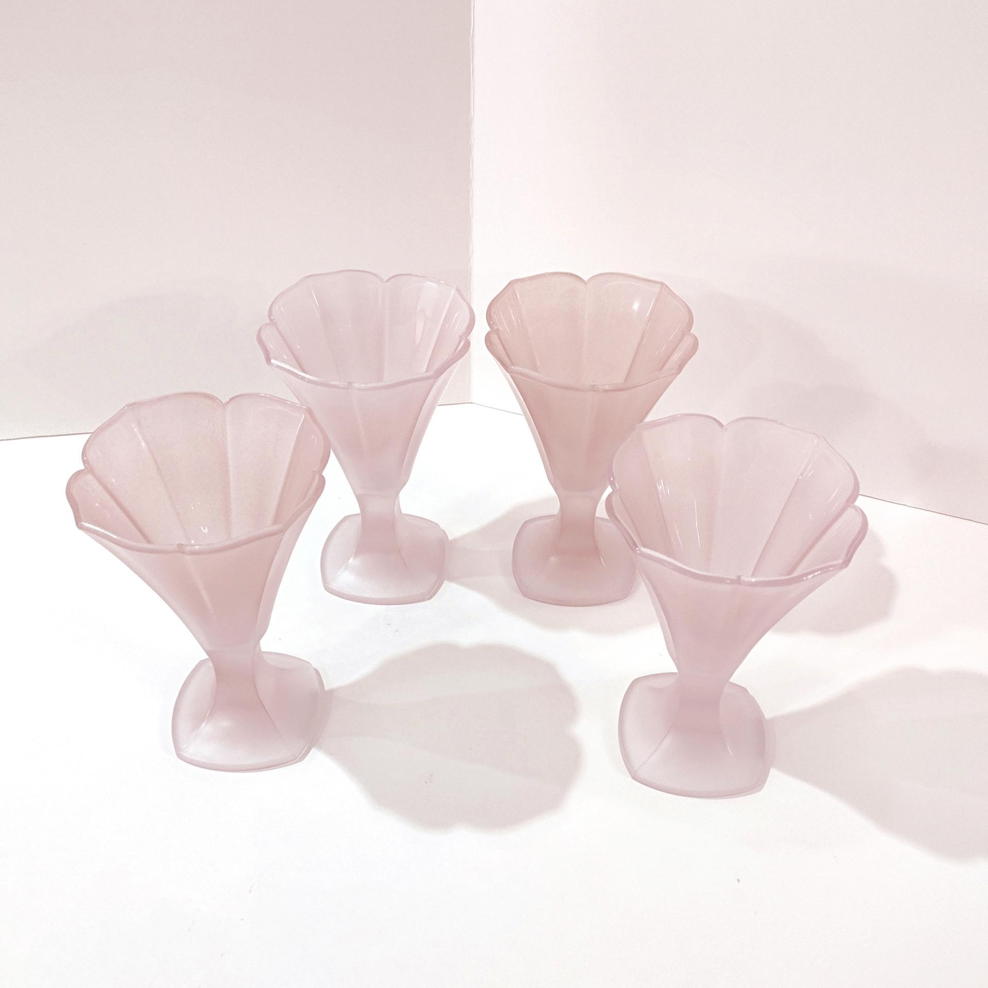 Vintage Luminarc France Frosted Pink Glass Parfait Sundae Dessert Glasses, Set of Four, Tulip Shaped Pastel Pink Glassware