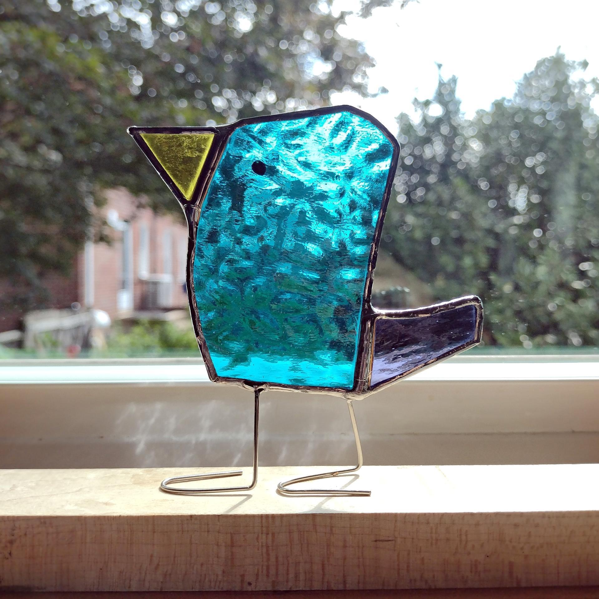 Stained Glass Standing Bird, Funky Blue and Purple Glass Bird Suncatcher, Bird Lover Gift
