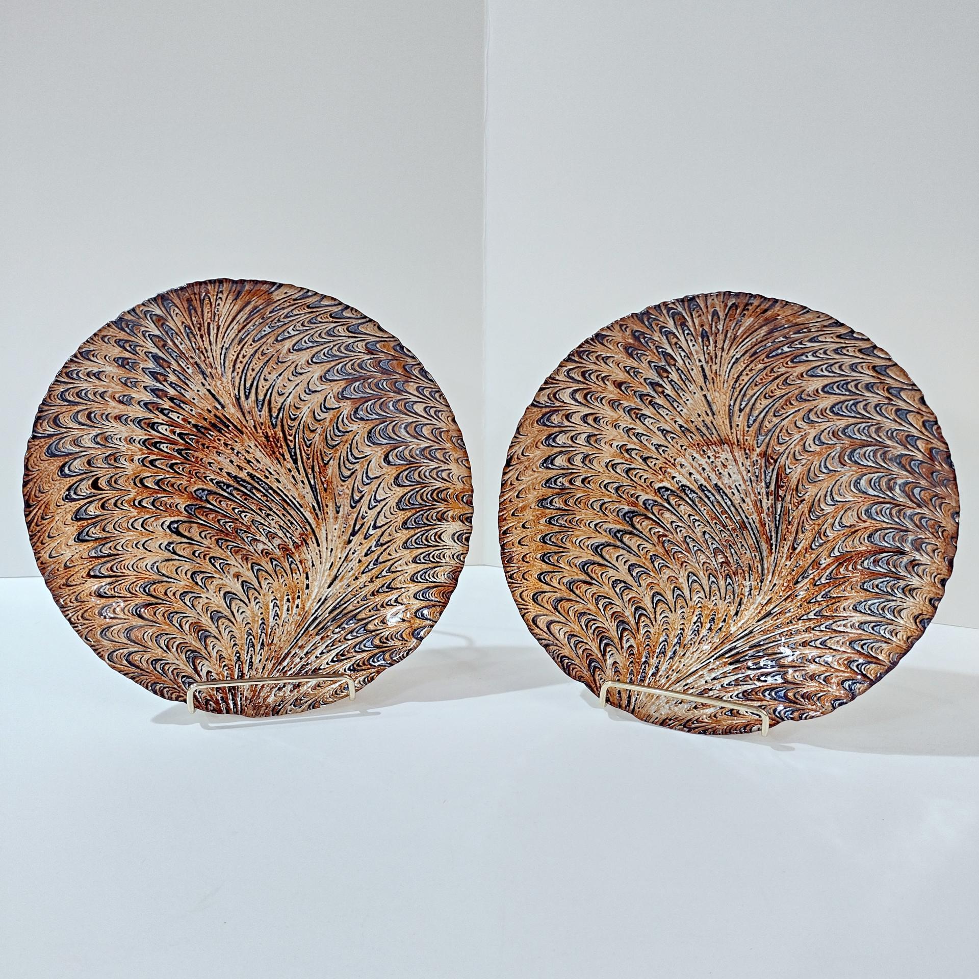Vintage Turkish Art Glass Serving Bowl, Reverse Painted Peacock Swirl Design
