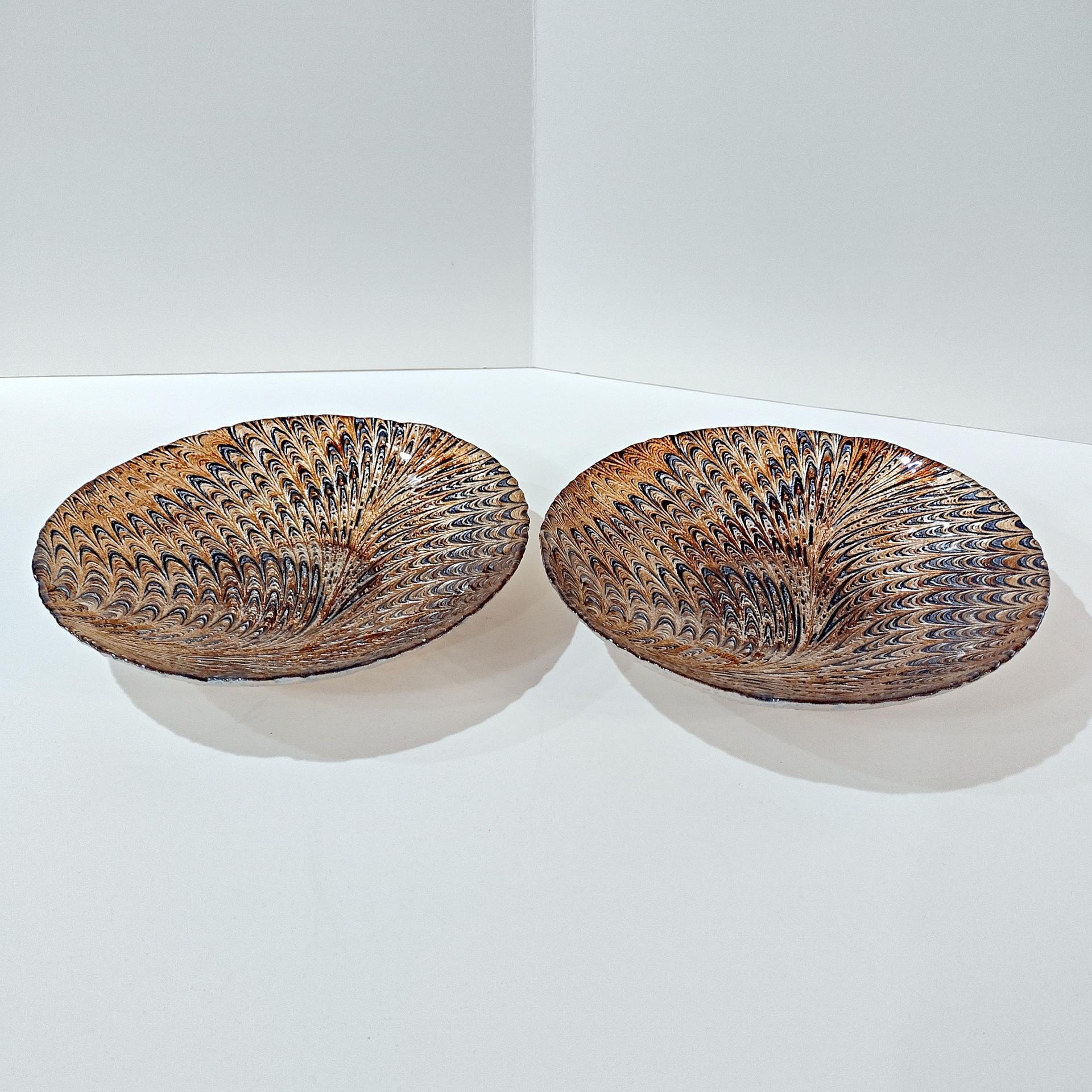 Vintage Turkish Art Glass Serving Bowl, Reverse Painted Peacock Swirl Design
