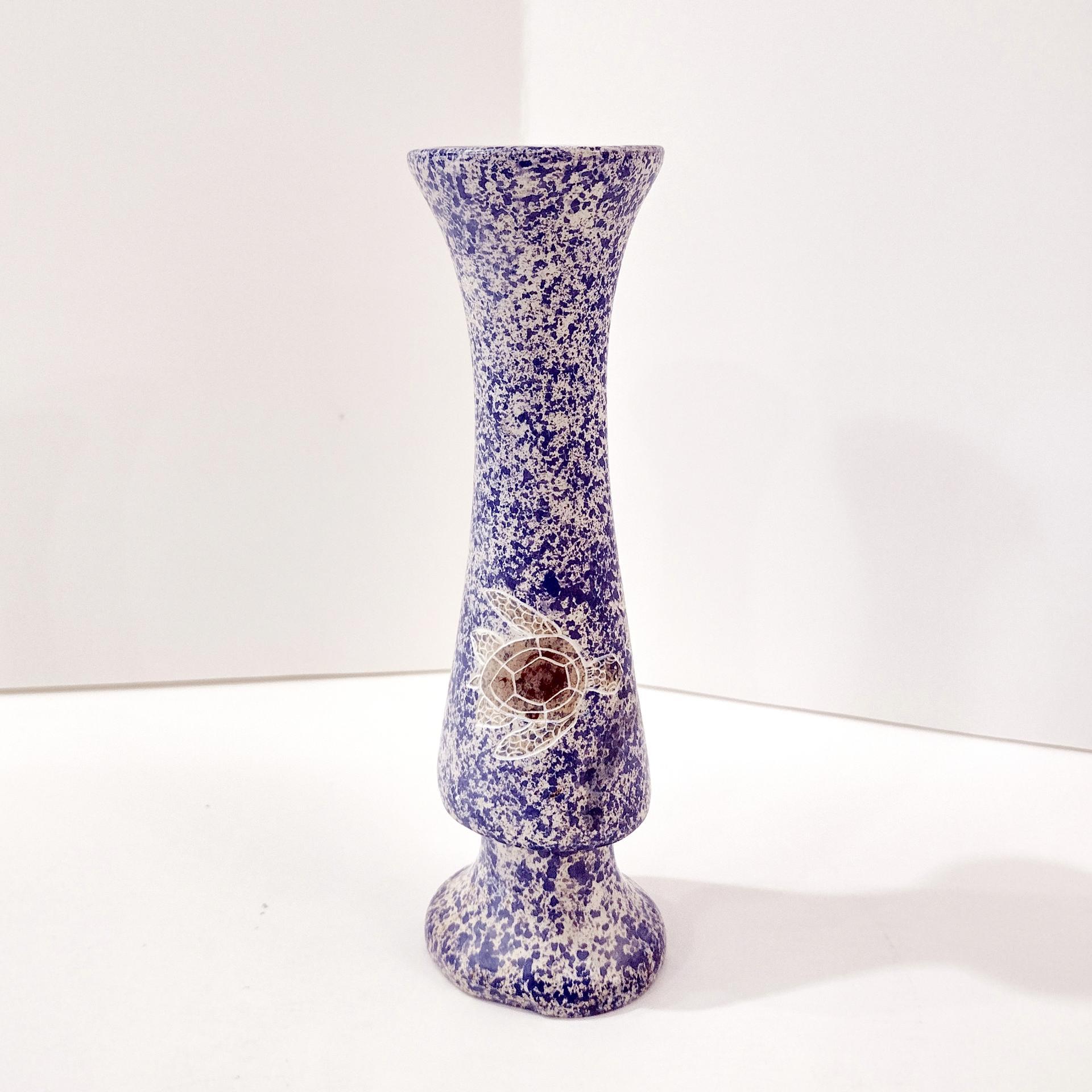 Vintage Turtle Blue and White Speckled Soapstone Bud Vase, African Carved Soapstone Vase