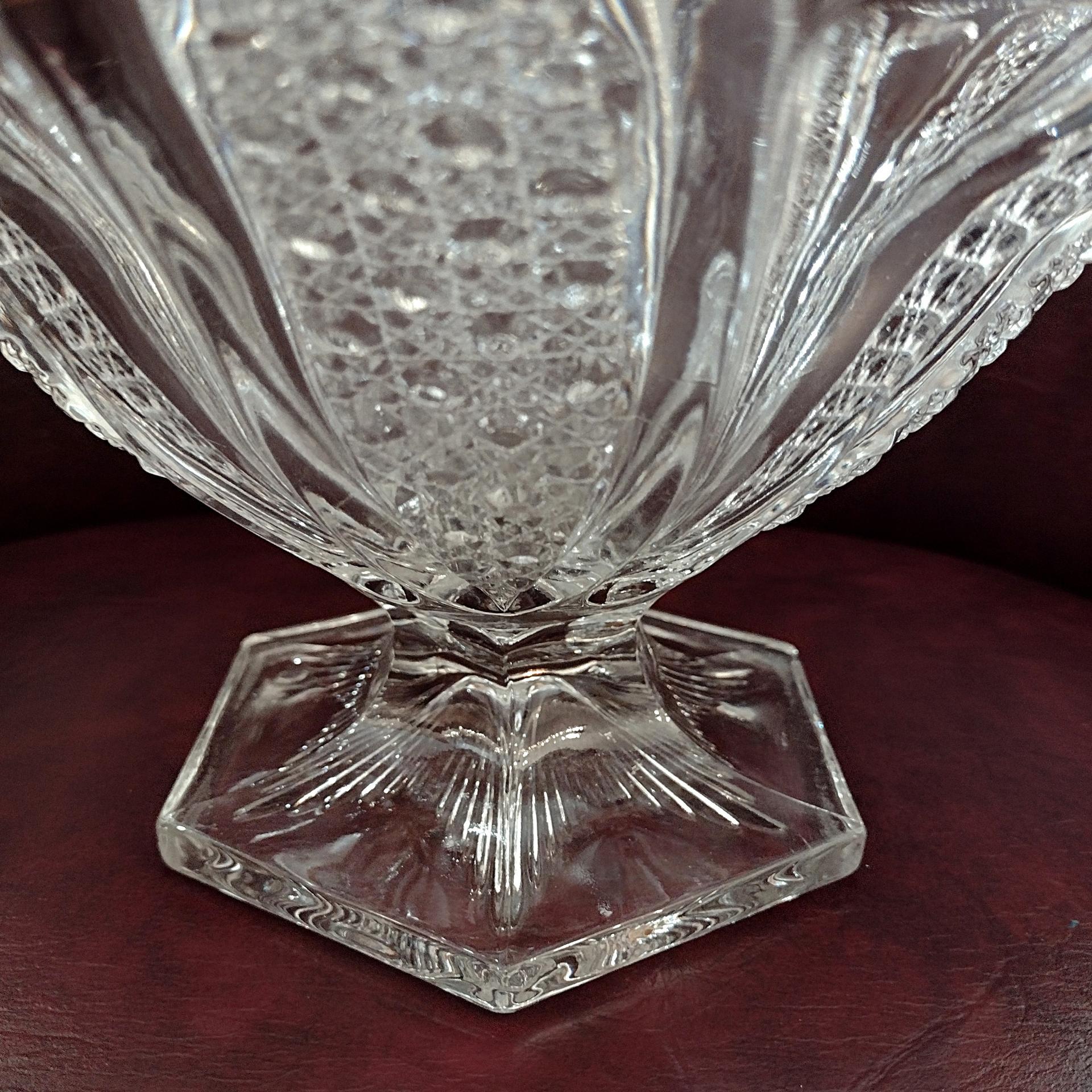 Antique Fostoria No 1578 Tuxedo Footed Clear Glass Fruit Bowl, Circa 1908, EAPG Paneled Button and Cane Decorative Centerpiece Bowl