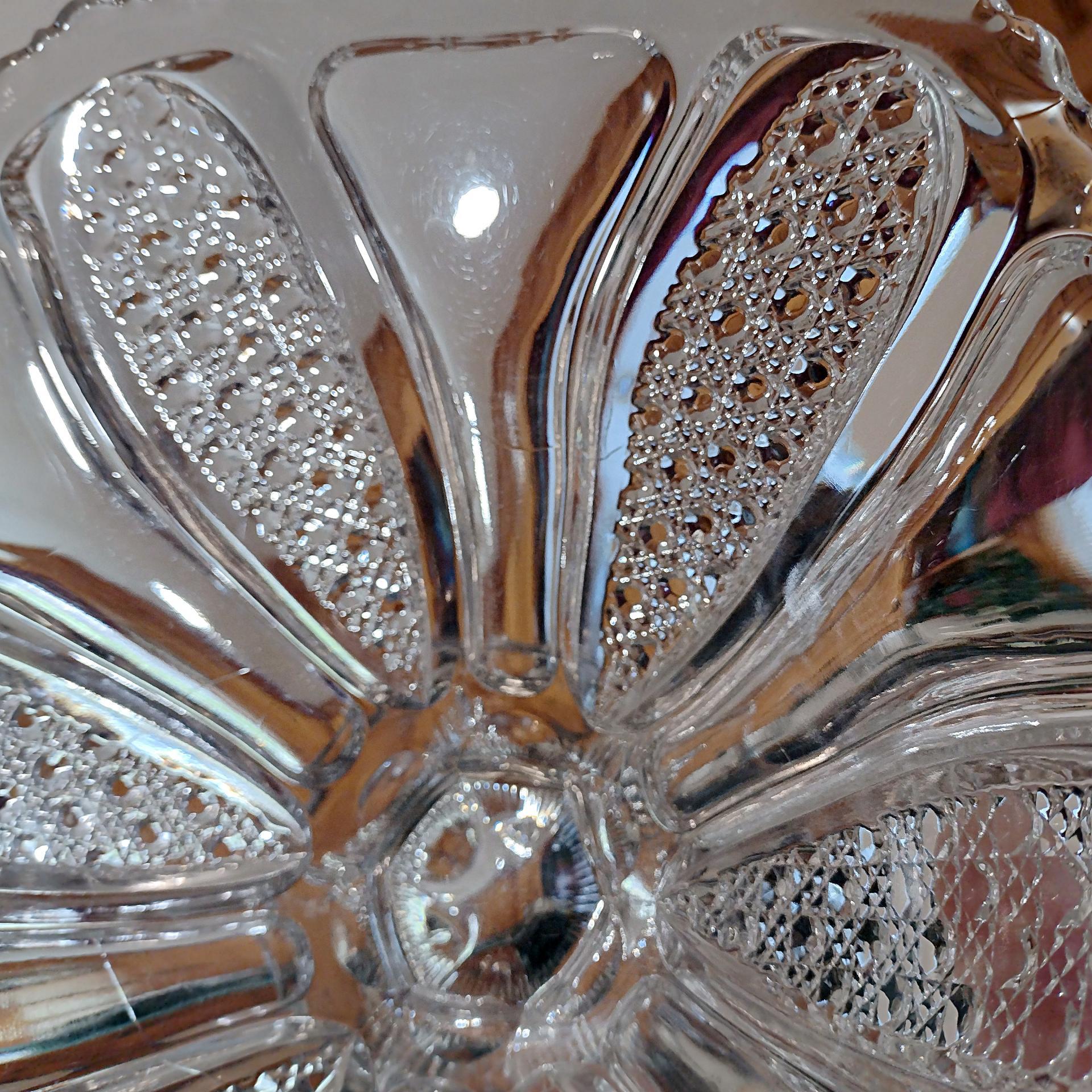 Antique Fostoria No 1578 Tuxedo Footed Clear Glass Fruit Bowl, Circa 1908, EAPG Paneled Button and Cane Decorative Centerpiece Bowl