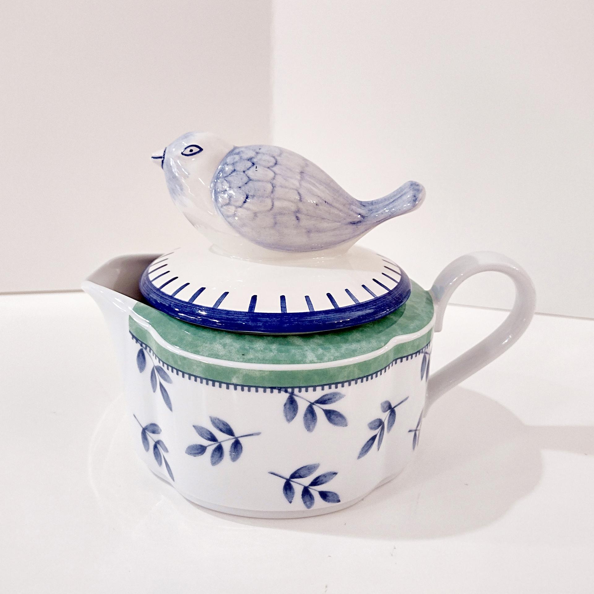Vintage Villeroy and Boch Switch 3 Country Collection Gravy Pitcher with Blue Bird Lid, German Porcelain Gravy Boat