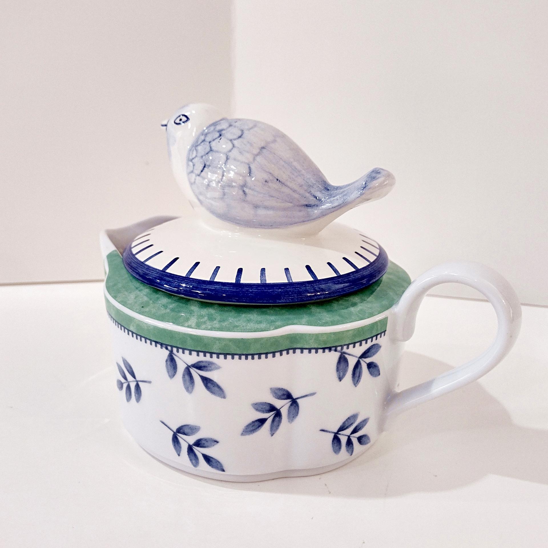 Vintage Villeroy and Boch Switch 3 Country Collection Gravy Pitcher with Blue Bird Lid, German Porcelain Gravy Boat