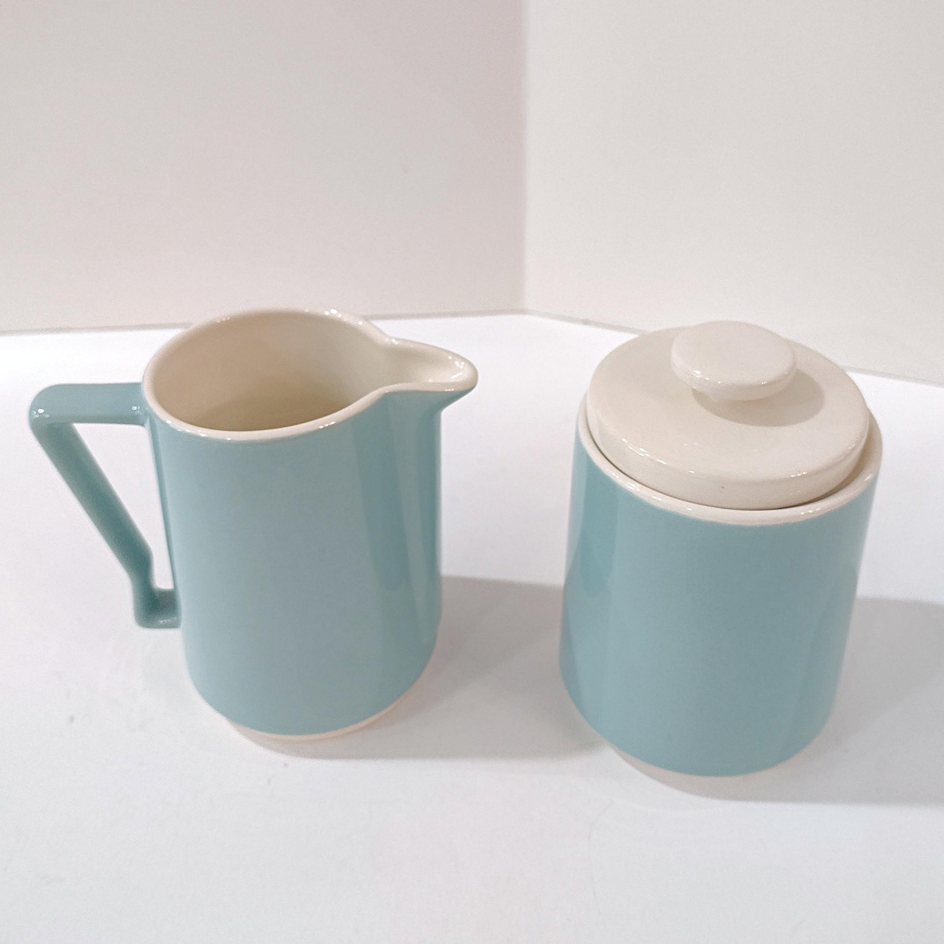 Vintage Homer Laughlin Vista Orbit Aqua Turquoise Blue Creamer and Covered Sugar Bowl Set