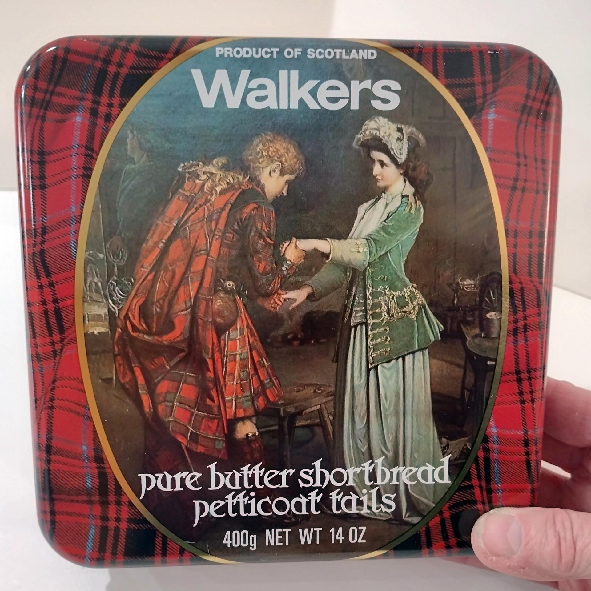 Vintage Walkers Pure Butter Shortbread Petti Coat Tails Tin Box, Scotland Cookie Tin, Flora McDonalds Farewell to Bonnie Prince Charlie Tin