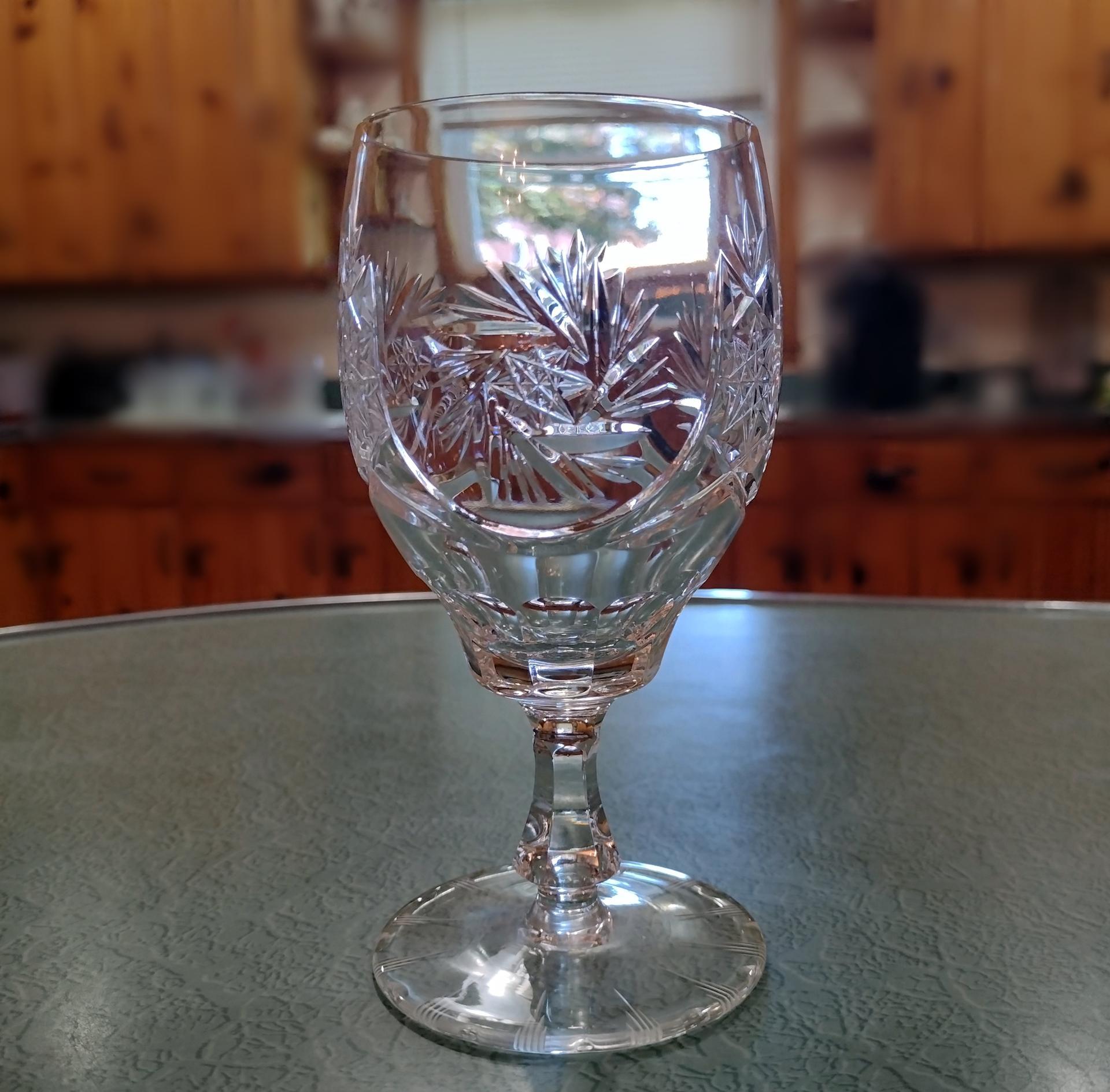 Vintage Hand Cut Crystal Wine Glasses with Star and Pinwheel Design, Set of Seven, Lead Crystal Water Goblets
