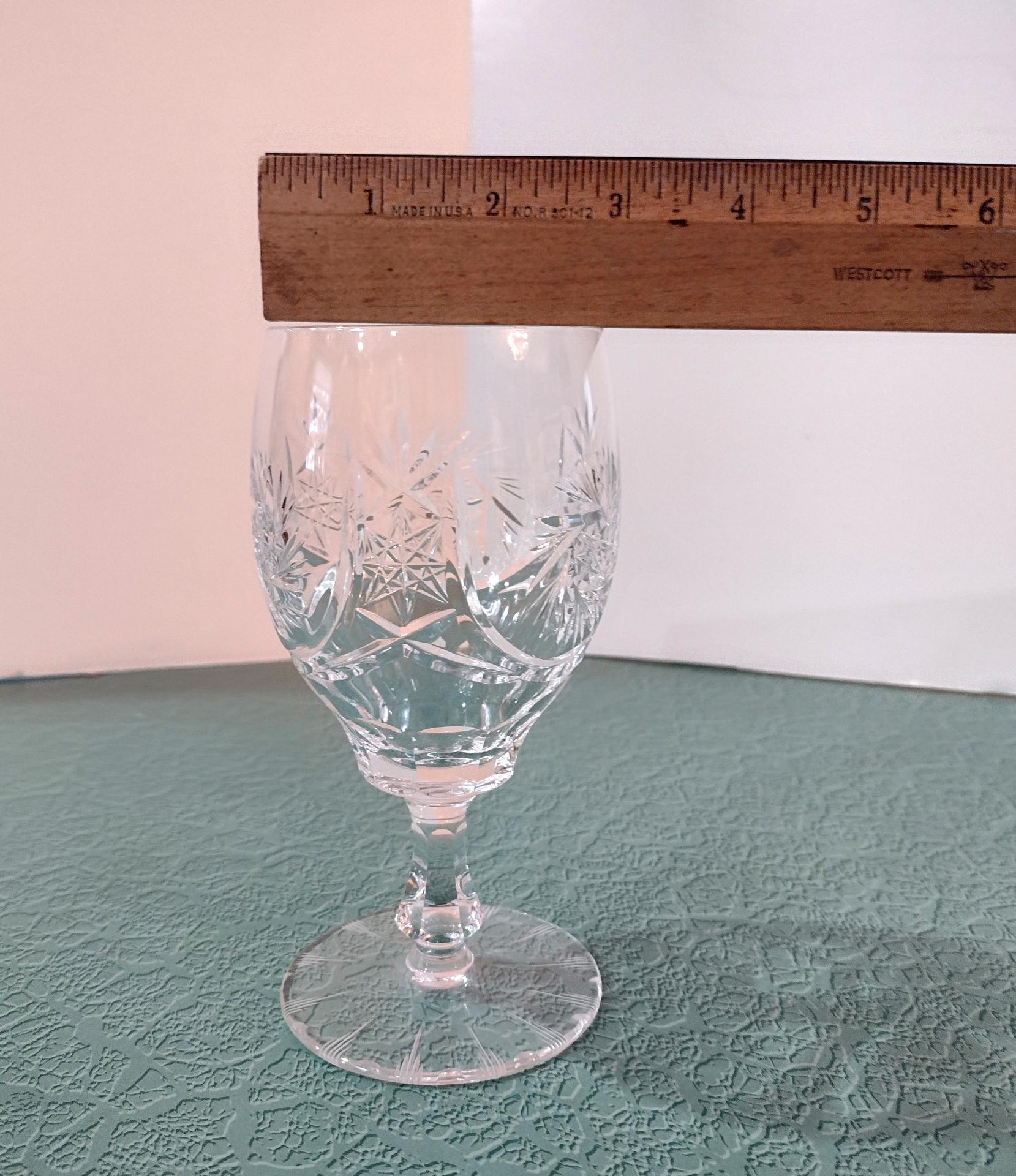 Vintage Hand Cut Crystal Wine Glasses with Star and Pinwheel Design, Set of Seven, Lead Crystal Water Goblets