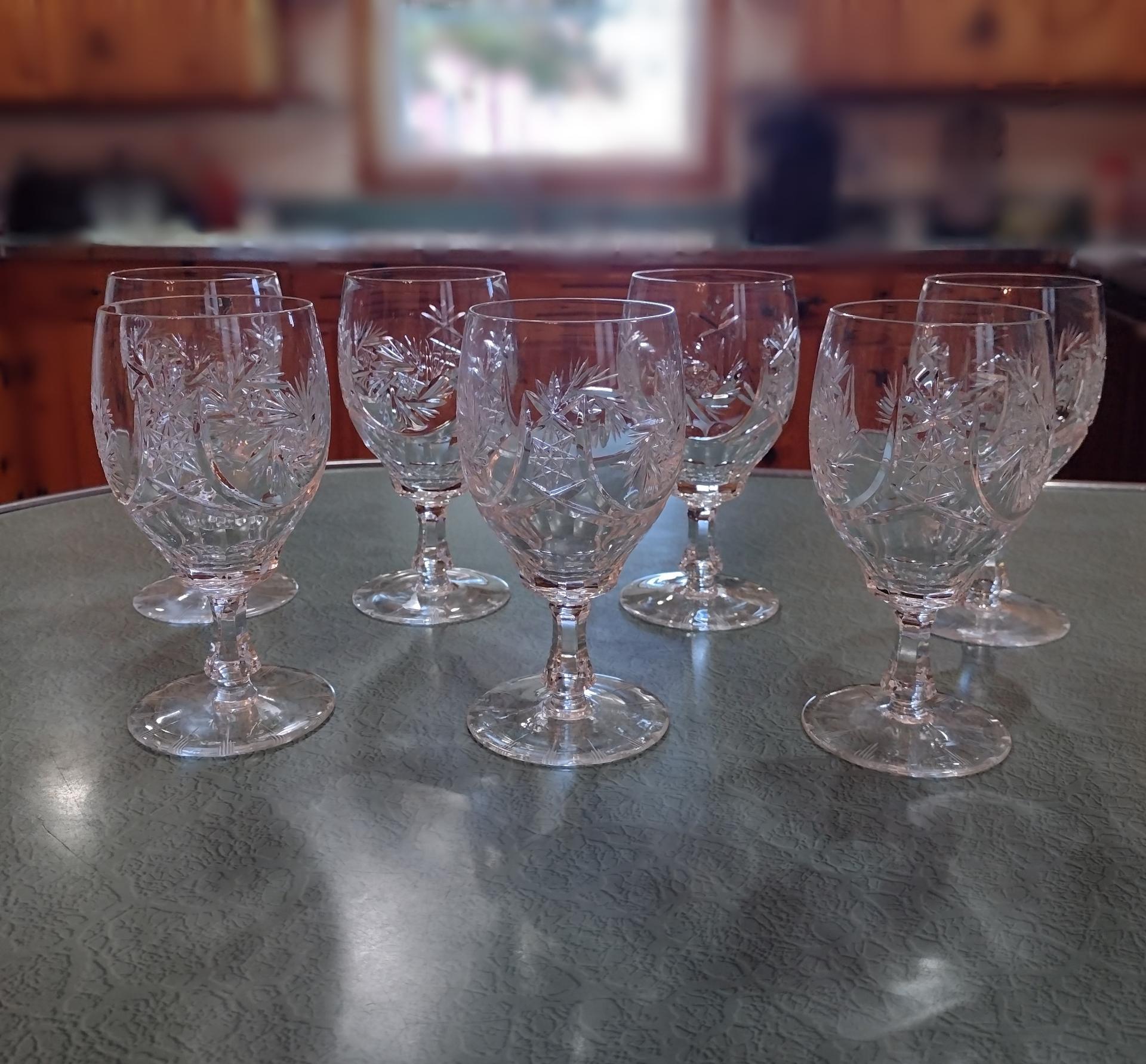 Vintage Hand Cut Crystal Wine Glasses with Star and Pinwheel Design, Set of Seven, Lead Crystal Water Goblets