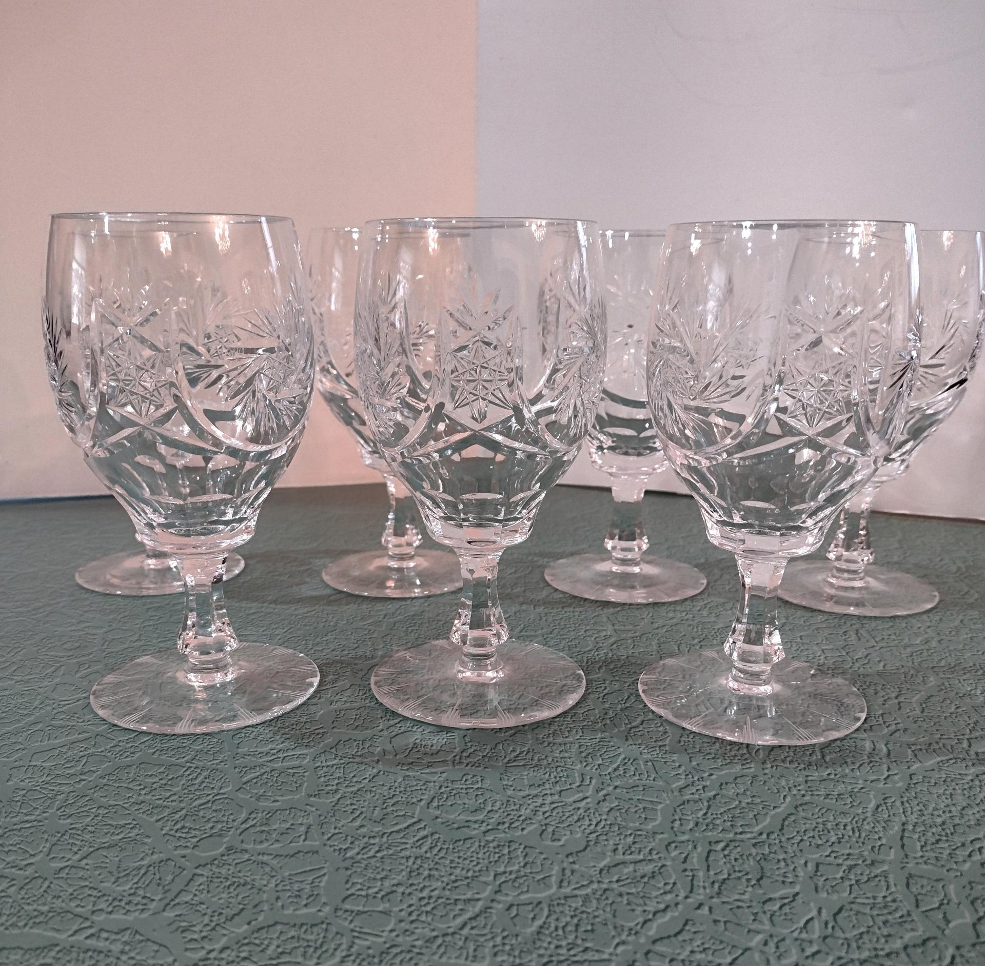 Vintage Hand Cut Crystal Wine Glasses with Star and Pinwheel Design, Set of Seven, Lead Crystal Water Goblets