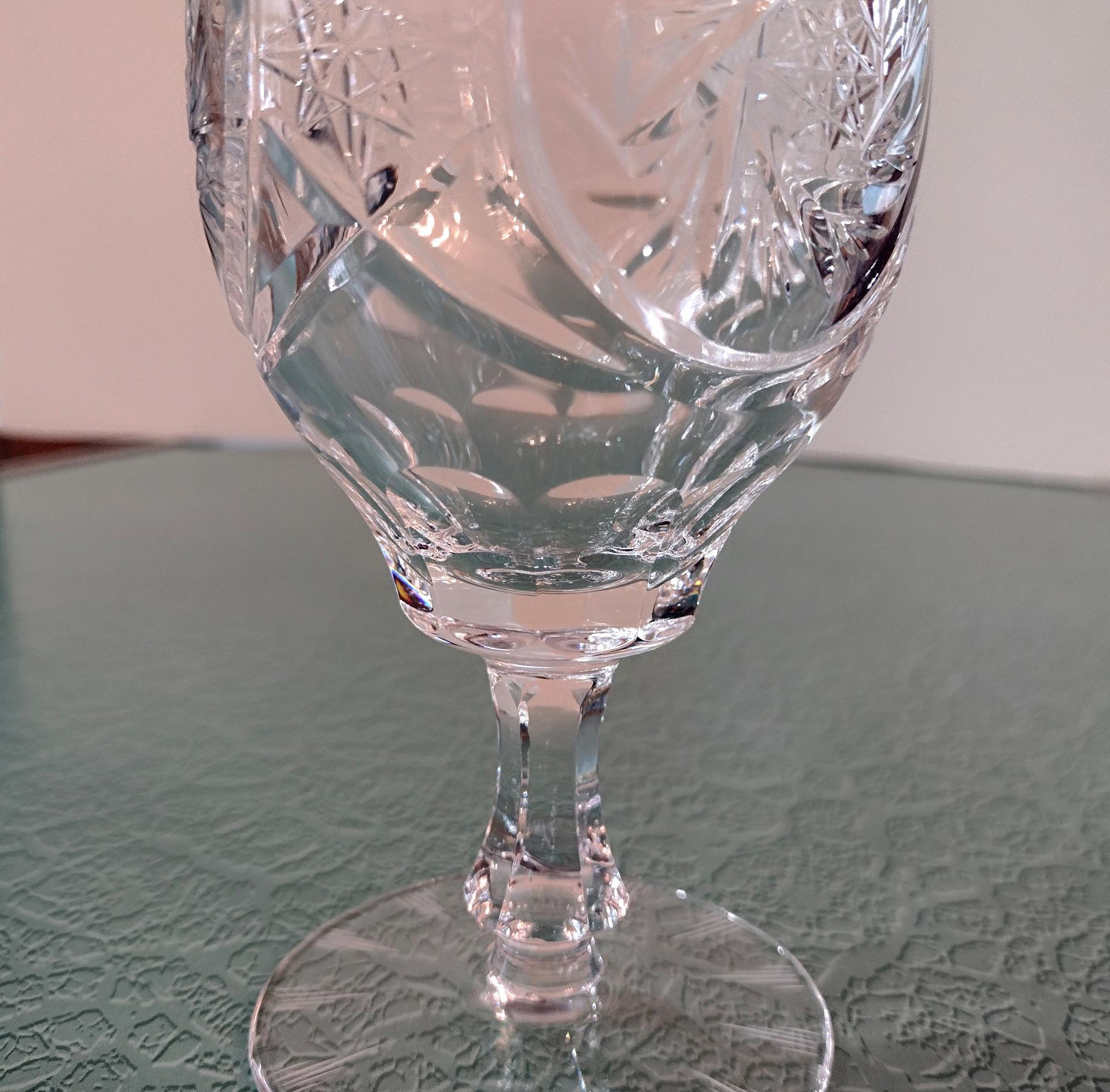 Vintage Hand Cut Crystal Wine Glasses with Star and Pinwheel Design, Set of Seven, Lead Crystal Water Goblets