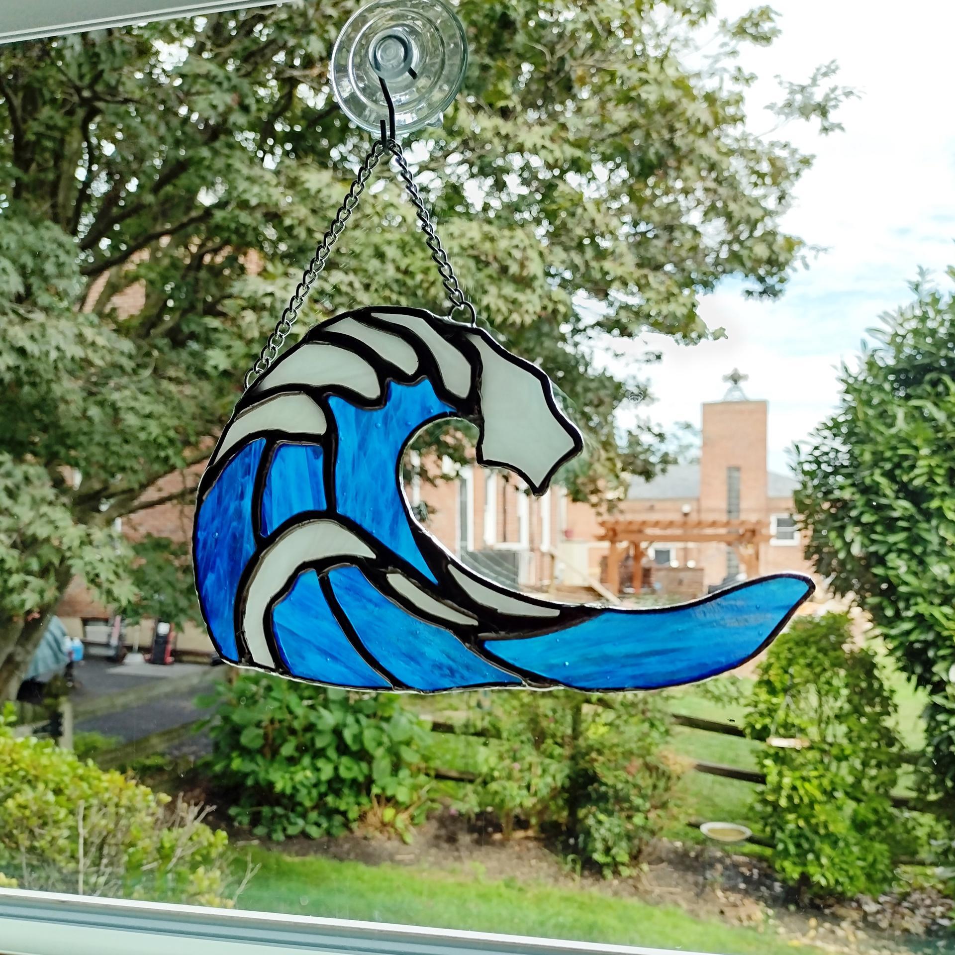 Stained Glass Ocean Wave Suncatcher, Beach Window Decoration