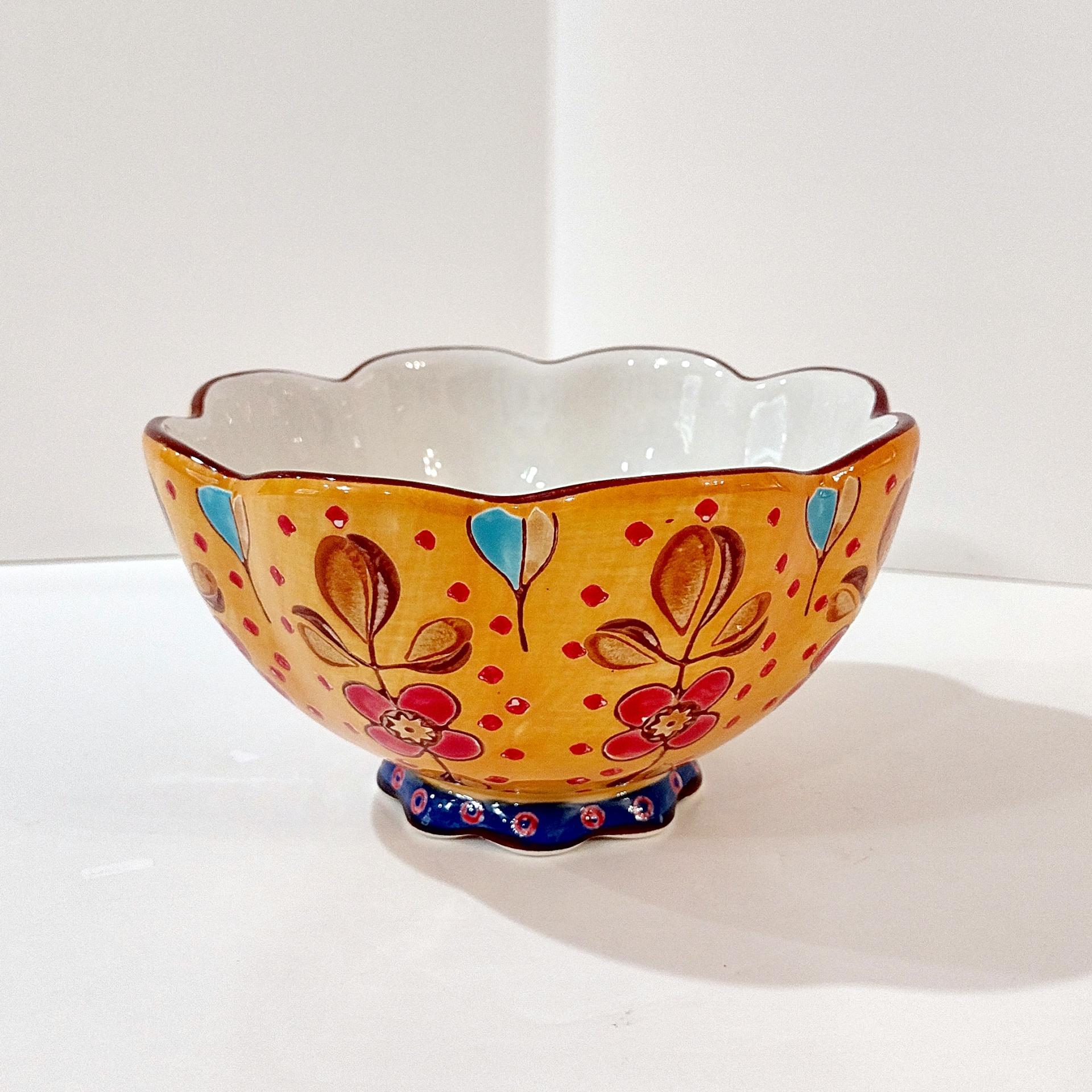 Vintage Anthropologie Hand Painted Floral Scalloped Bowl, Dutch Wax Coastal Imports Ceramic Bowl