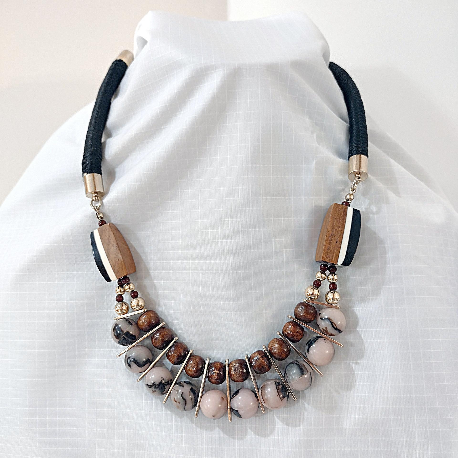 Vintage Wooden Beaded, Rope, and Gold Toned Brown Black Tan Chico's Statement Necklace