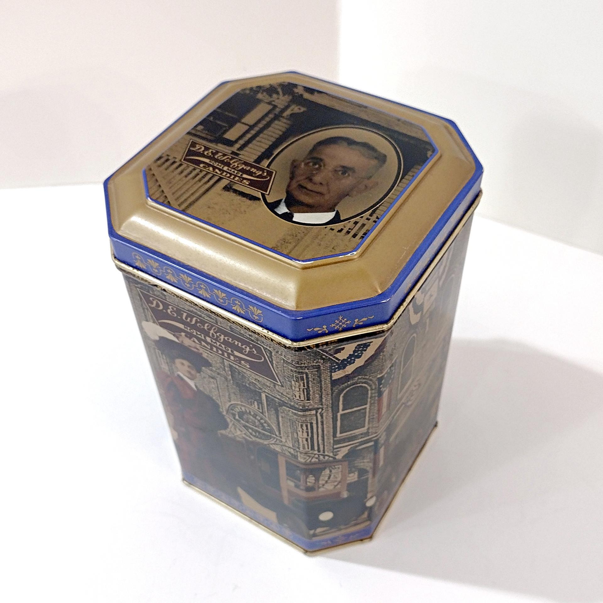 Vintage Retro Wolfgang Candies Mima Mae Collectible Tin, D. E. Wolfgang's Homemade Candies Historical Storage Tin Box