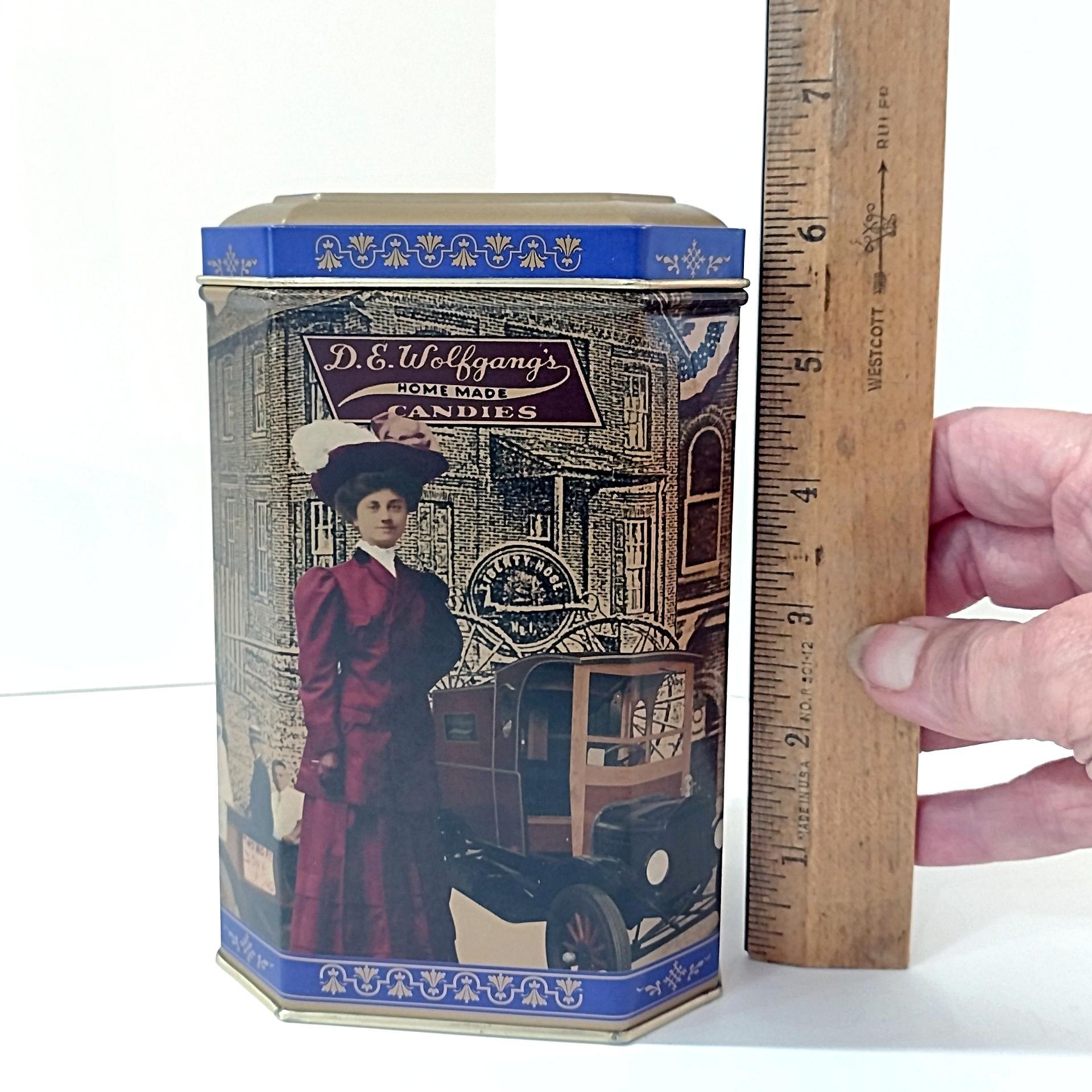 Vintage Retro Wolfgang Candies Mima Mae Collectible Tin, D. E. Wolfgang's Homemade Candies Historical Storage Tin Box