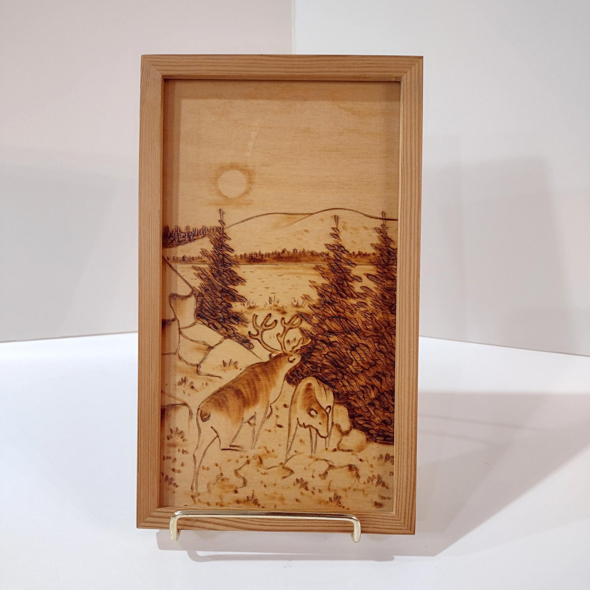 Vintage Wood Burned Etched Wooden Animal Mountain Landscape Wall Hanging, Finnish Wood Art