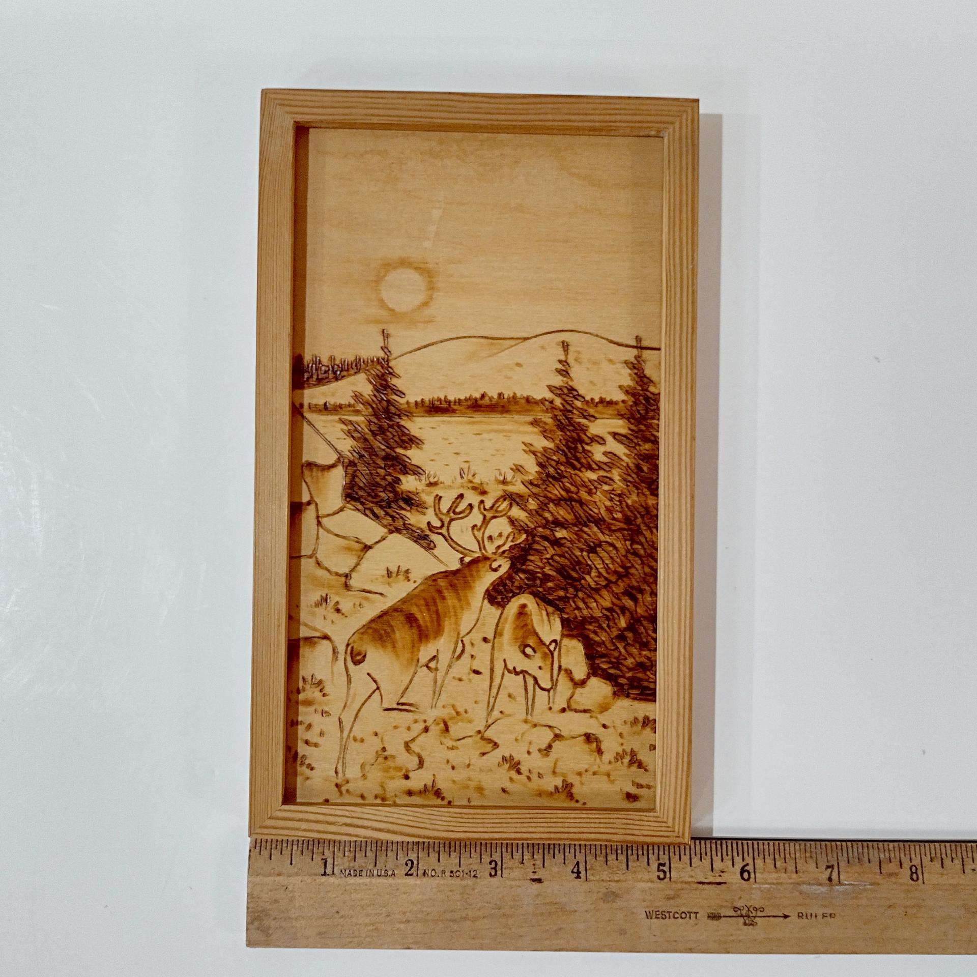 Vintage Wood Burned Etched Wooden Animal Mountain Landscape Wall Hanging, Finnish Wood Art