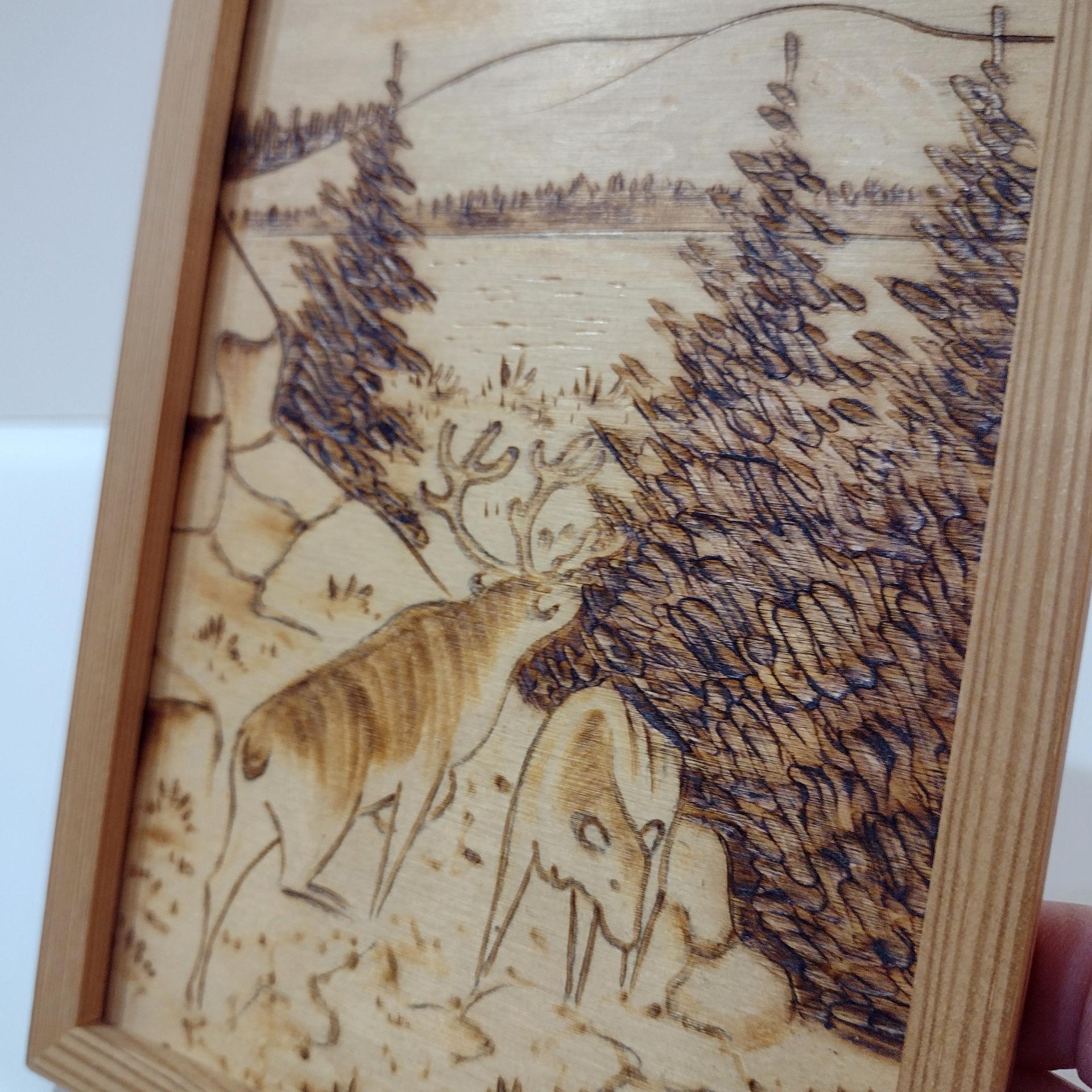 Vintage Wood Burned Etched Wooden Animal Mountain Landscape Wall Hanging, Finnish Wood Art