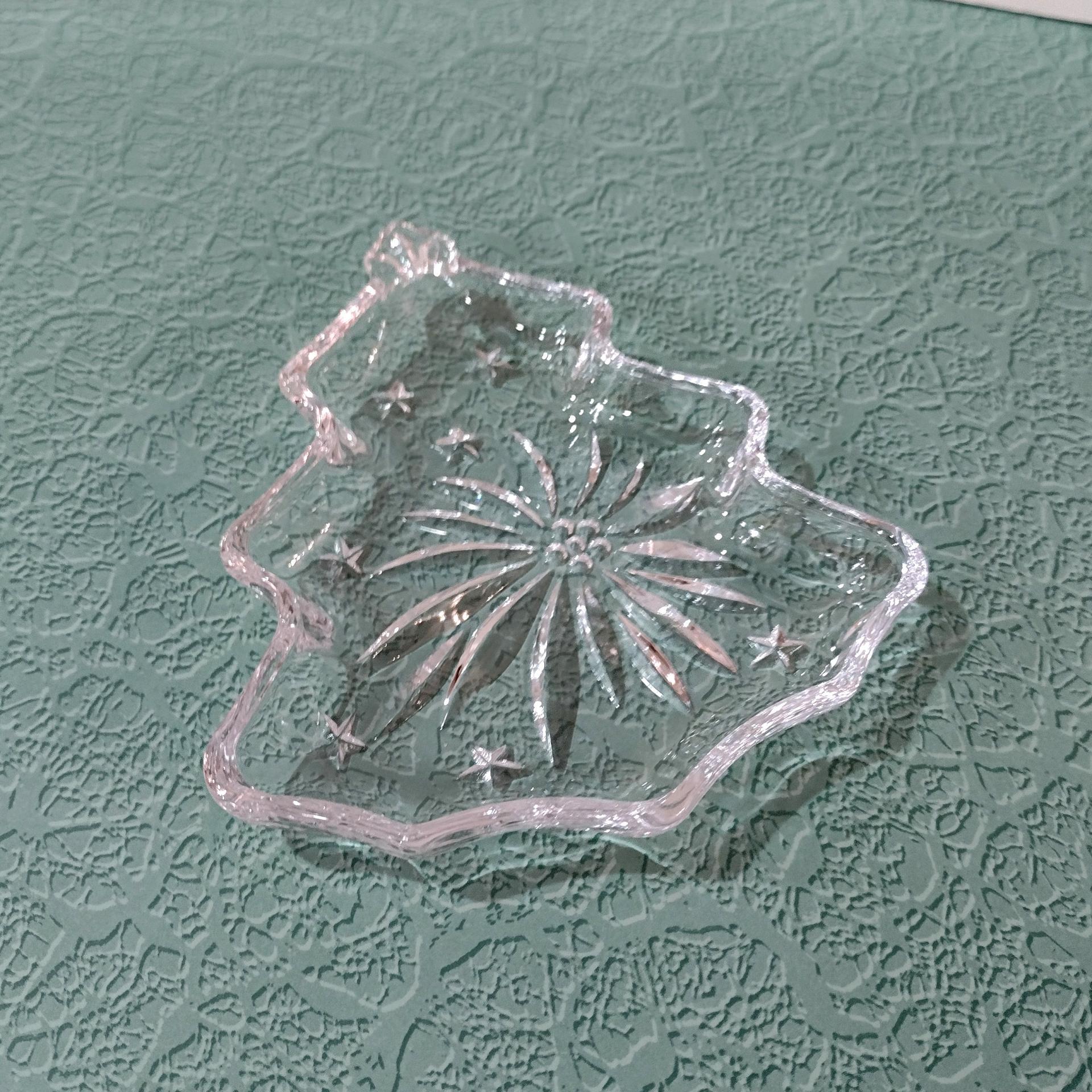 Vintage Clear Glass Christmas Tree Trinket Candy Sauce Dish, Poinsettia Leaf and Stars Christmas Tree Shaped Dish