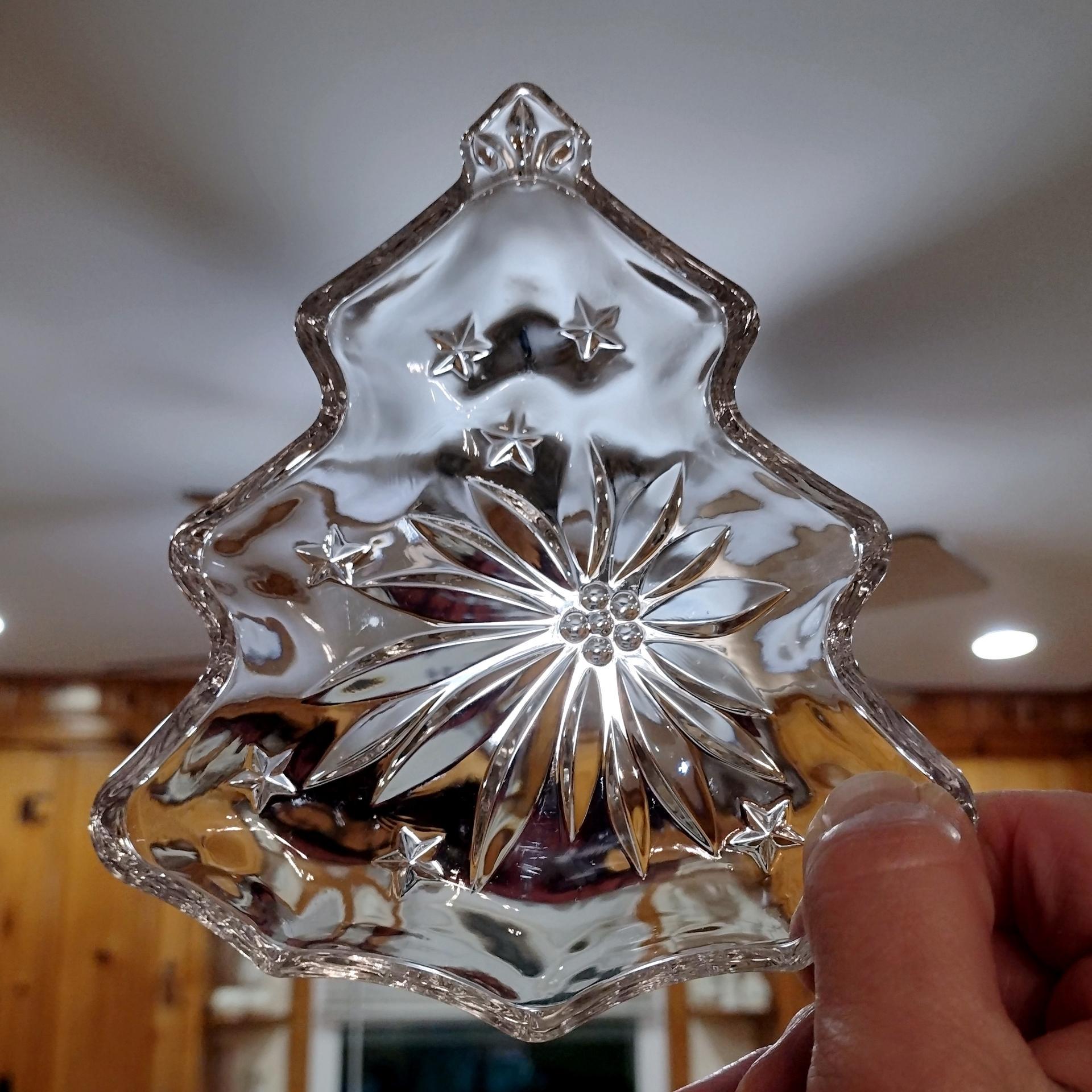 Vintage Clear Glass Christmas Tree Trinket Candy Sauce Dish, Poinsettia Leaf and Stars Christmas Tree Shaped Dish