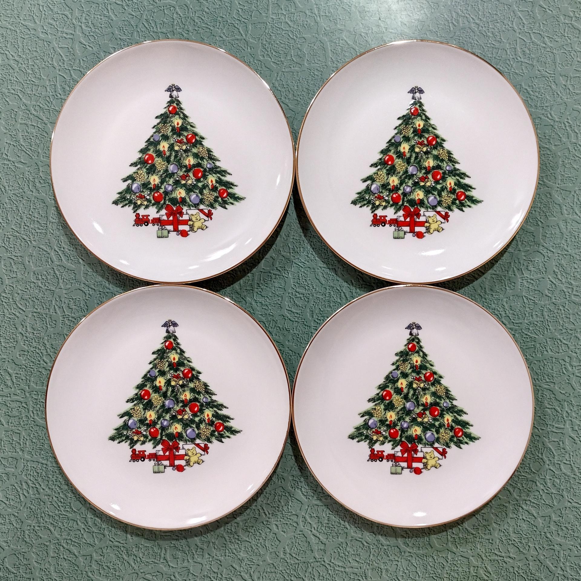 Vintage Christmas Tree Dessert Salad Appetizer Plates, Set of Four, Jamestown China Christmas Treasure Holiday Plates
