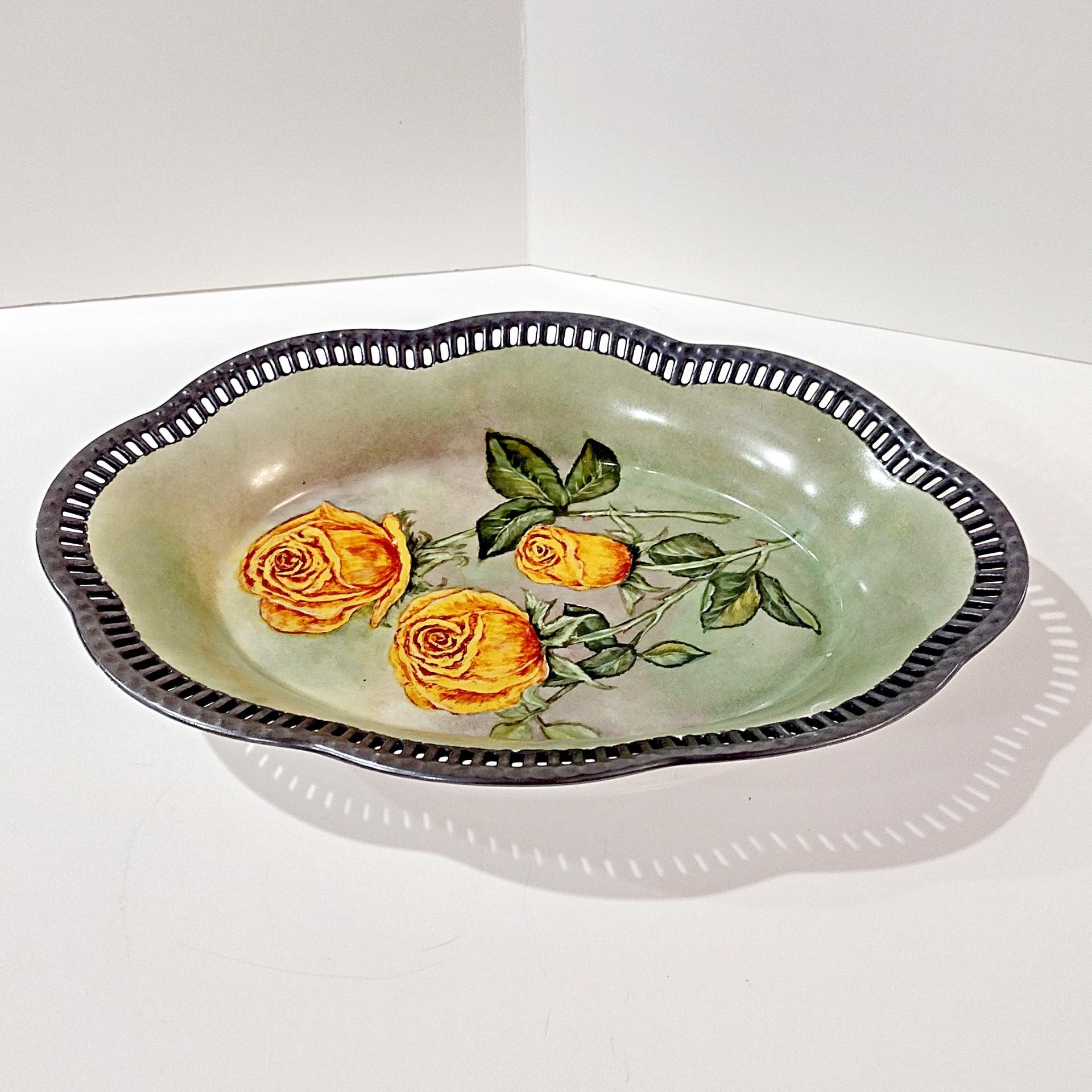 Antique Schumann Bavaria Germany Large Oval Porcelain Serving Bowl with Reticulated Lattice Edge, Yellow Rose Design Dish