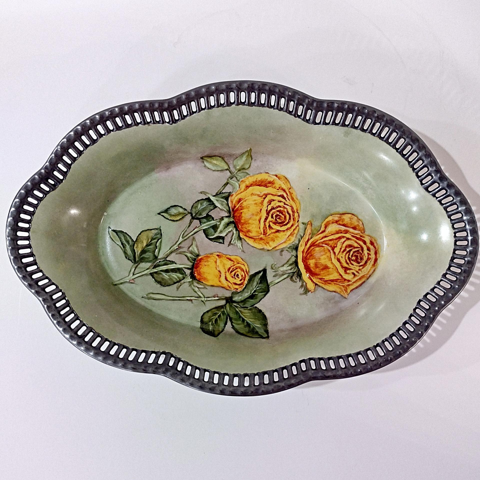 Antique Schumann Bavaria Germany Large Oval Porcelain Serving Bowl with Reticulated Lattice Edge, Yellow Rose Design Dish
