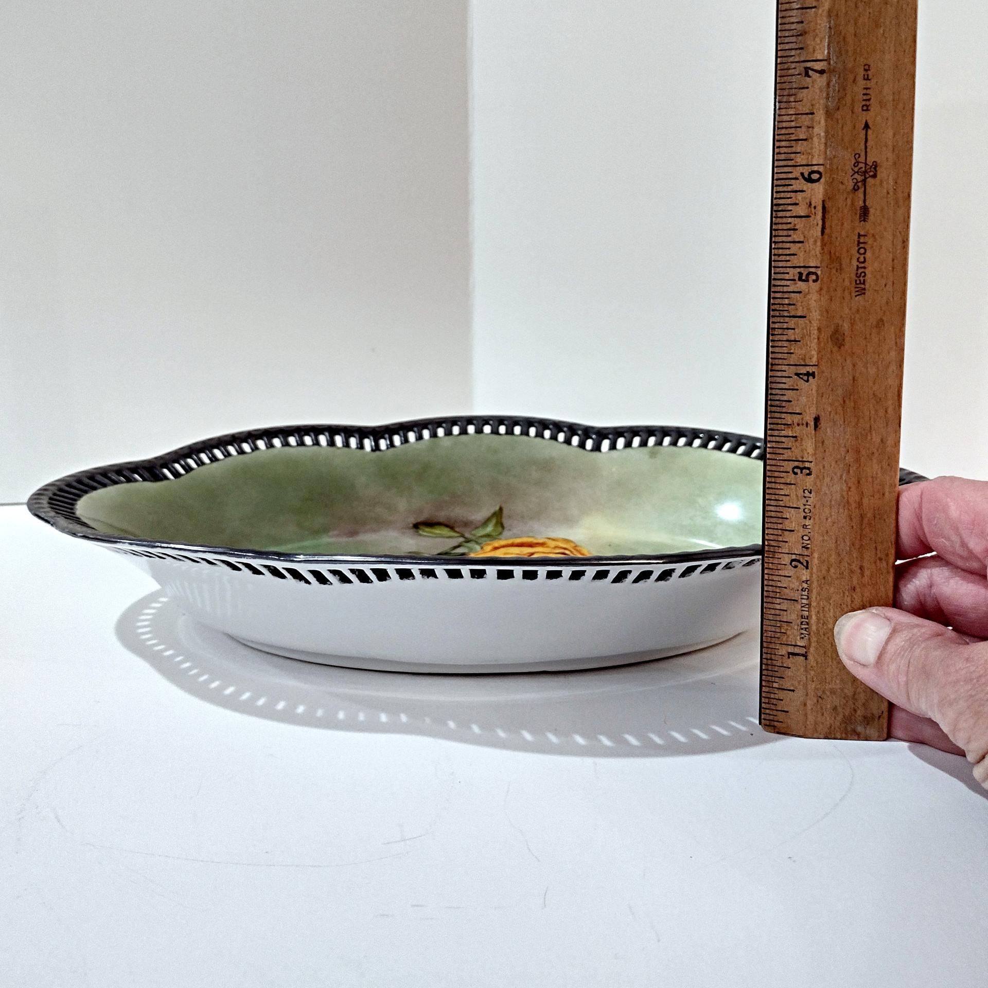 Antique Schumann Bavaria Germany Large Oval Porcelain Serving Bowl with Reticulated Lattice Edge, Yellow Rose Design Dish