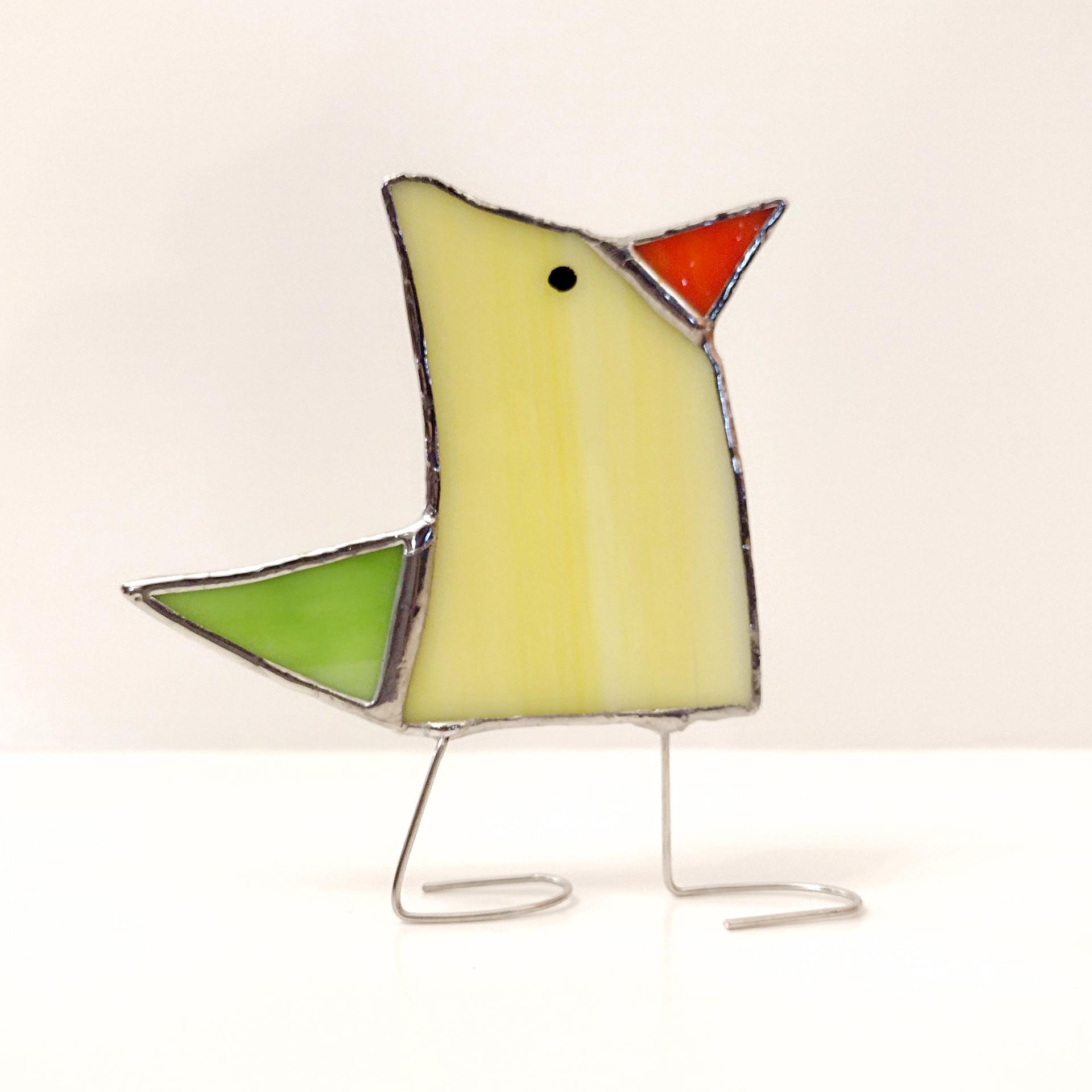 Stained Glass Standing Bird, Funky Glass Bird, Yellow and Green Bird Suncatcher, Windowsill Free Standing Bird