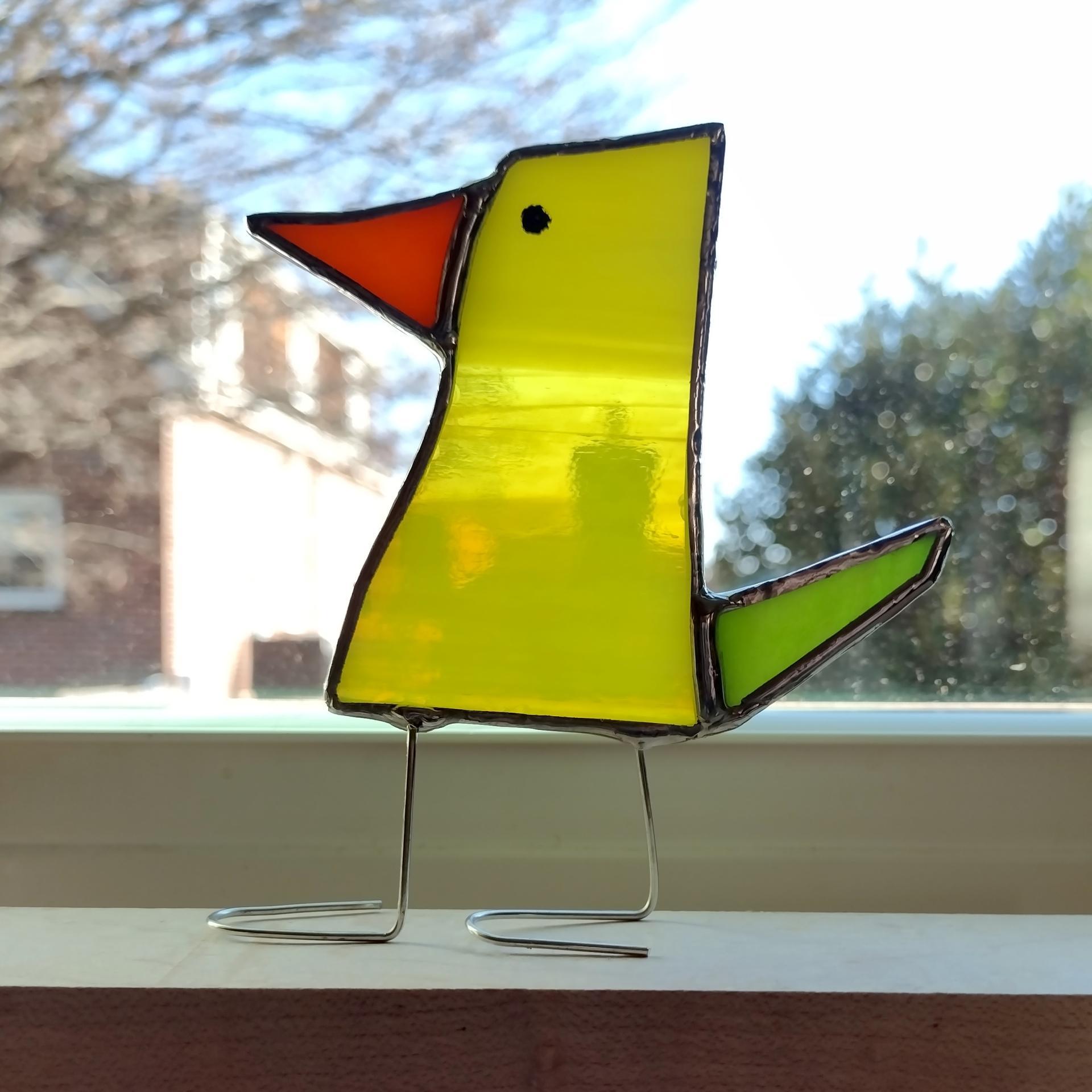 Stained Glass Standing Bird, Funky Glass Bird, Yellow and Green Bird Suncatcher, Windowsill Free Standing Bird