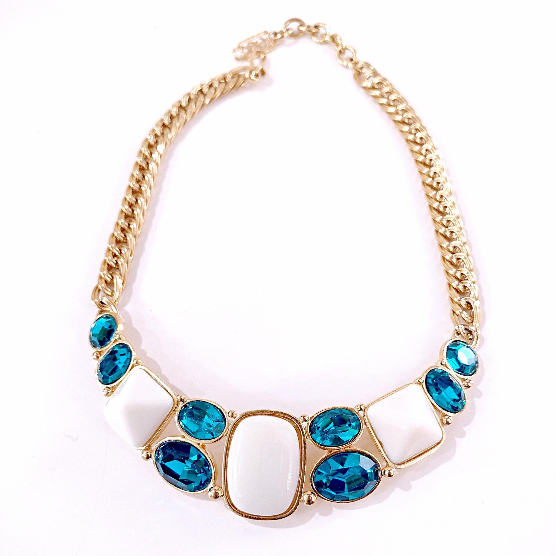 Vintage Yves Saint Laurent Crescent Moon Necklace, YSL Aqua Blue Jewel and White Resin Cabochons with Gold Tone Wheat Link Chain