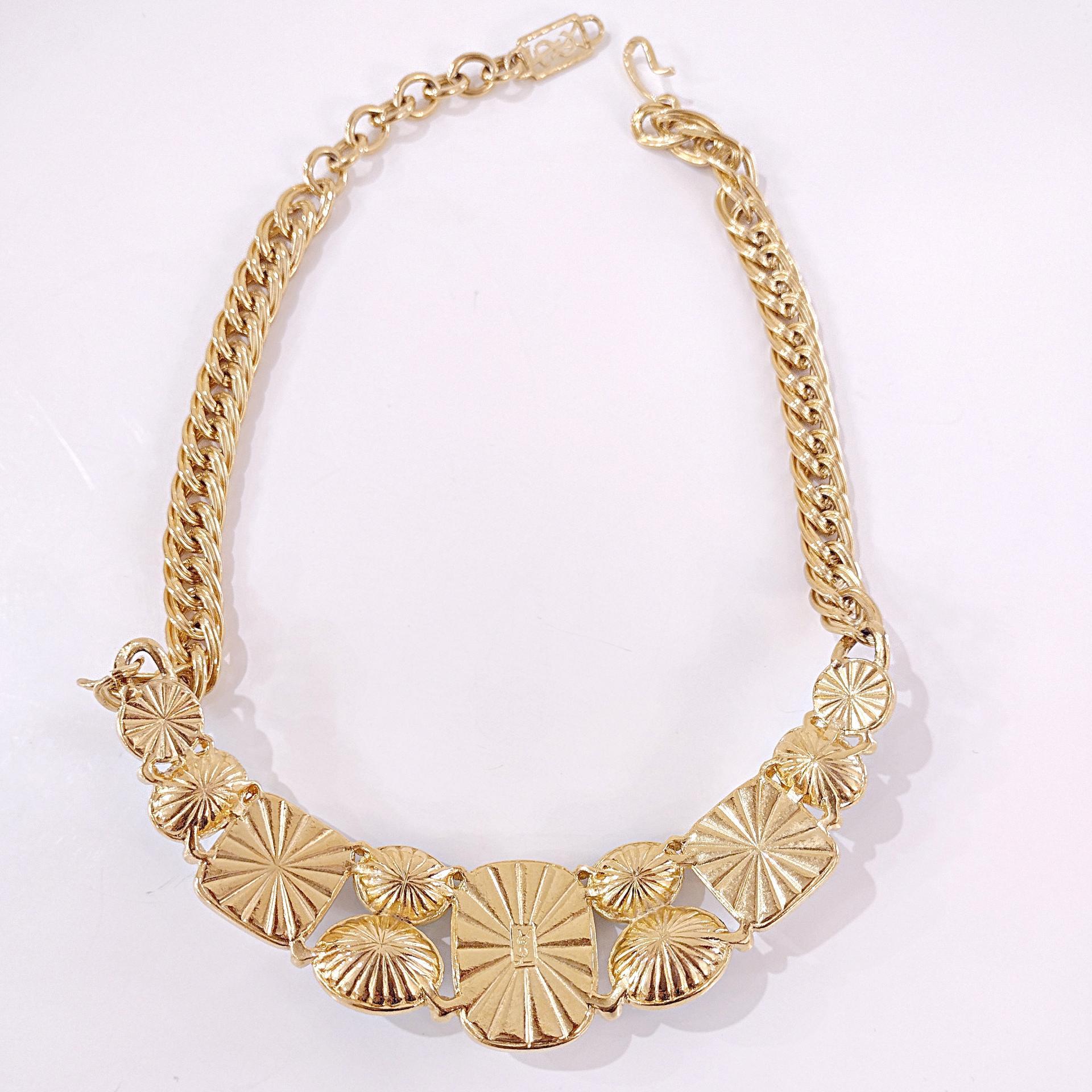 Vintage Yves Saint Laurent Crescent Moon Necklace, YSL Aqua Blue Jewel and White Resin Cabochons with Gold Tone Wheat Link Chain